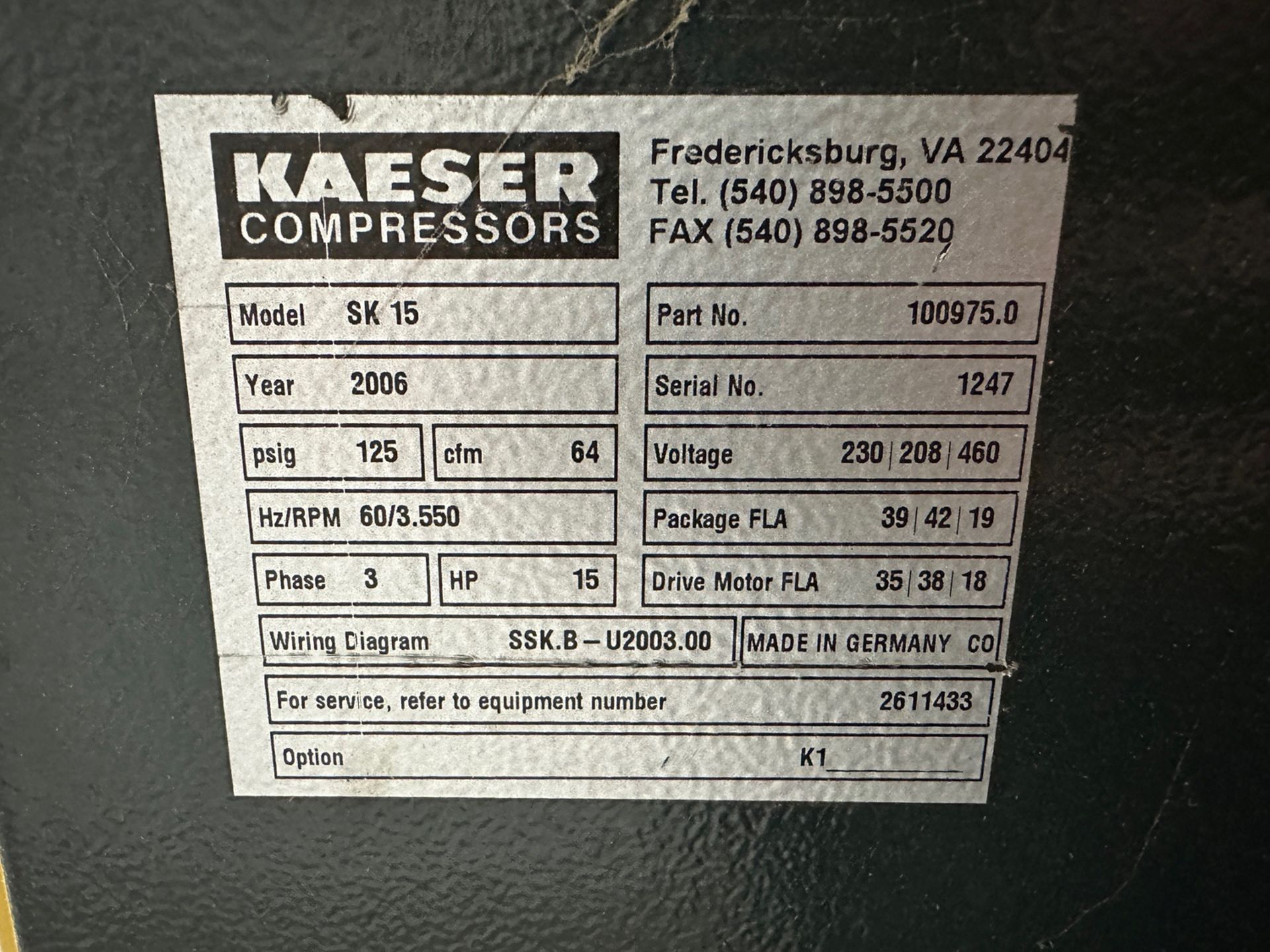 Kaeser Model SK 15 Rotary Screw Air Compressor | Rig Fee $650 - Image 3 of 3