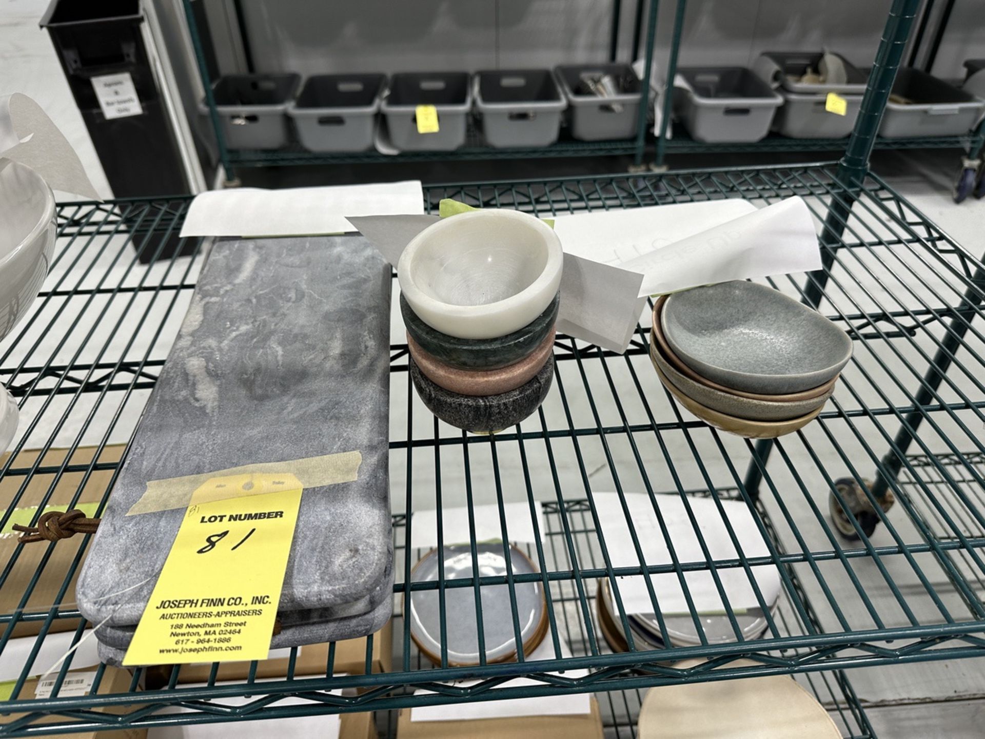 LOT Asst. Marble Lazy Susans, Cutting Trays, Bowls, Porcelain Plates on (2) Shelves | Rig Fee $75 - Image 3 of 5