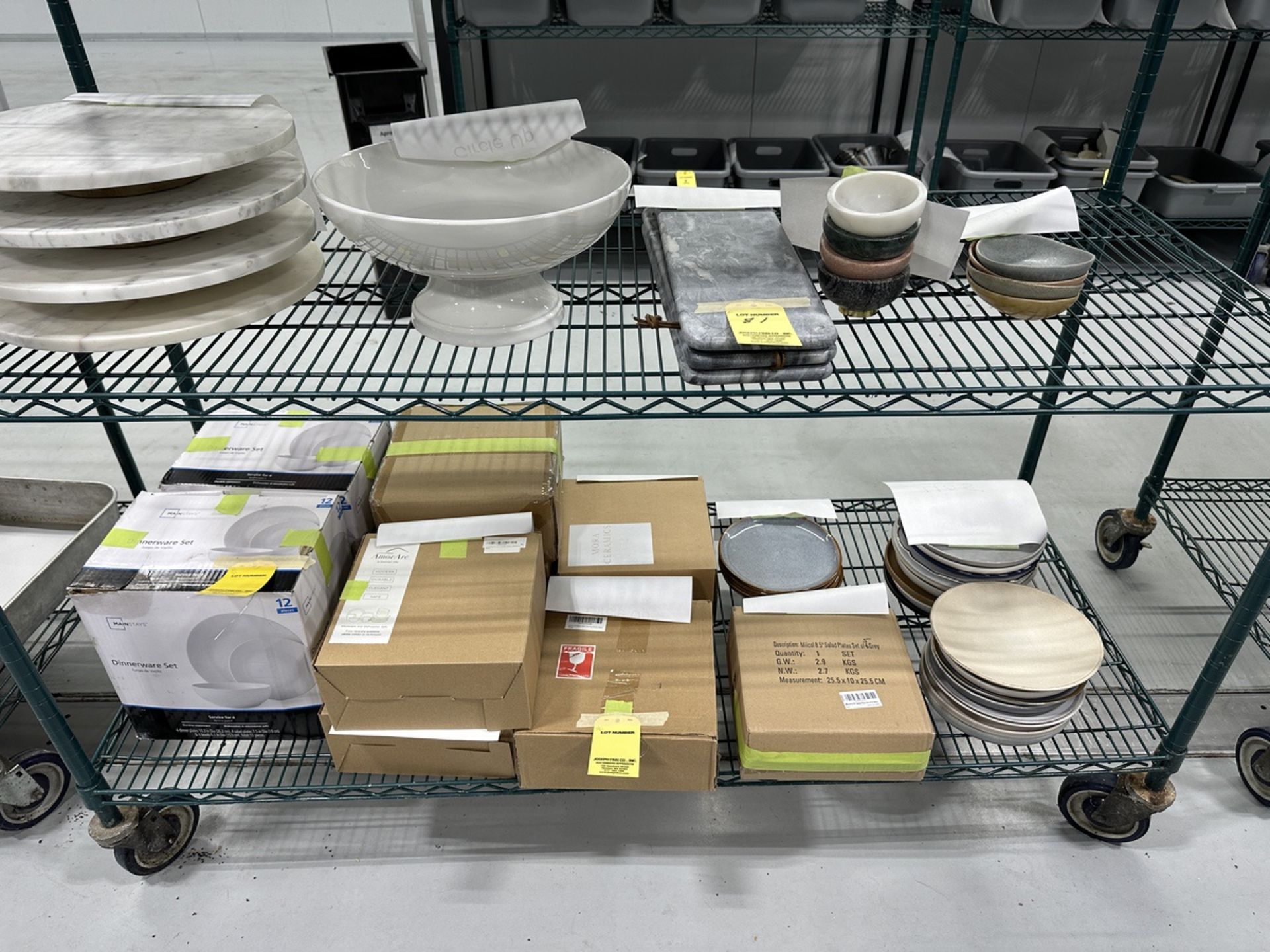 LOT Asst. Marble Lazy Susans, Cutting Trays, Bowls, Porcelain Plates on (2) Shelves | Rig Fee $75
