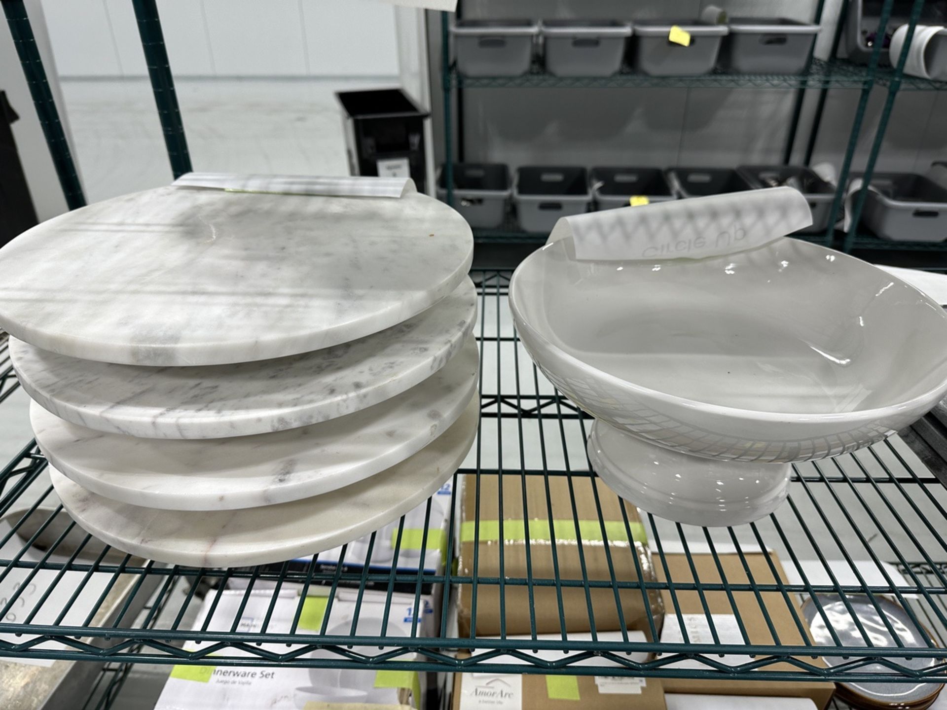 LOT Asst. Marble Lazy Susans, Cutting Trays, Bowls, Porcelain Plates on (2) Shelves | Rig Fee $75 - Image 2 of 5