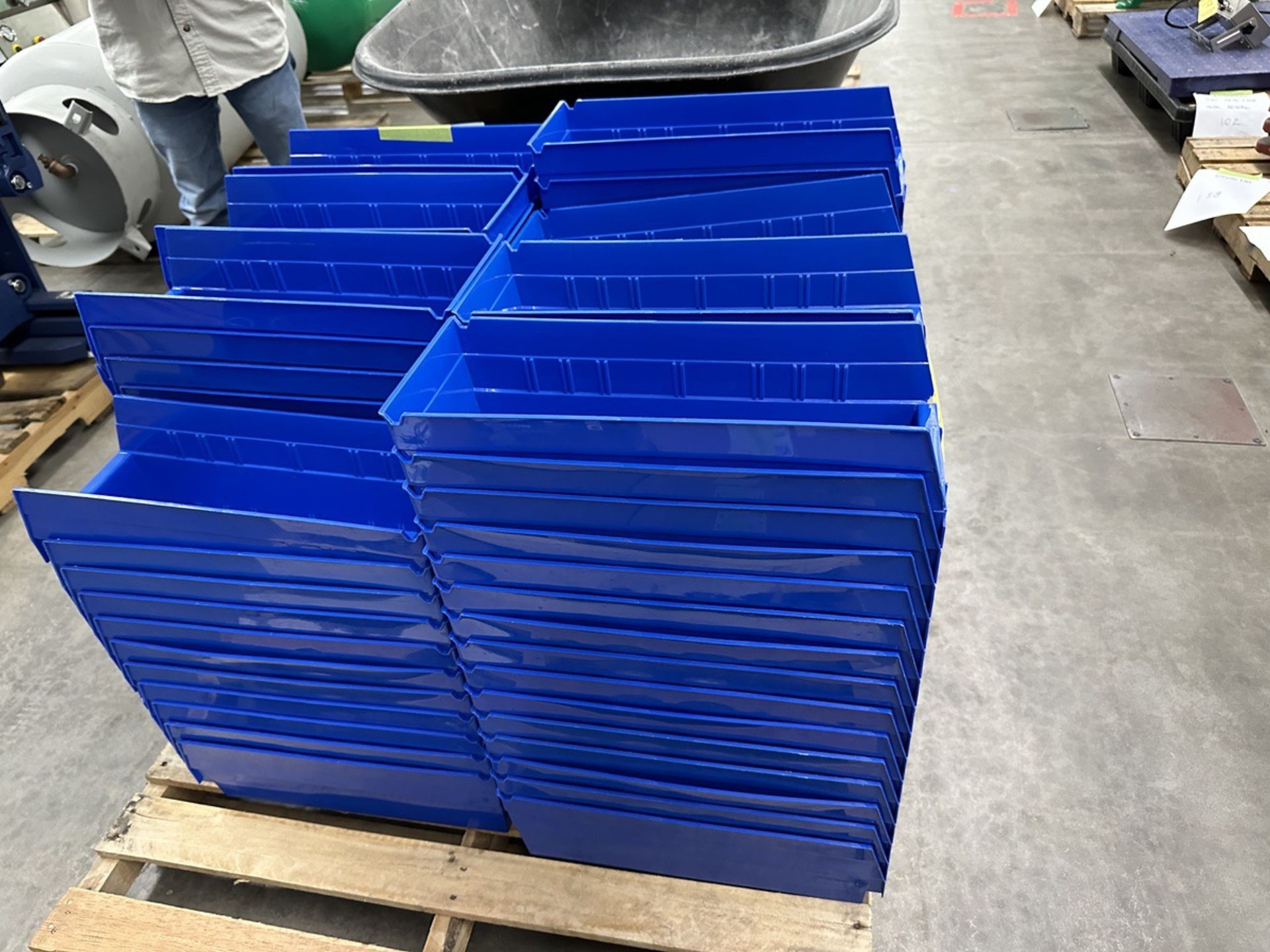 LOT (115) Stacking Blue Storage Bins | Rig Fee $50