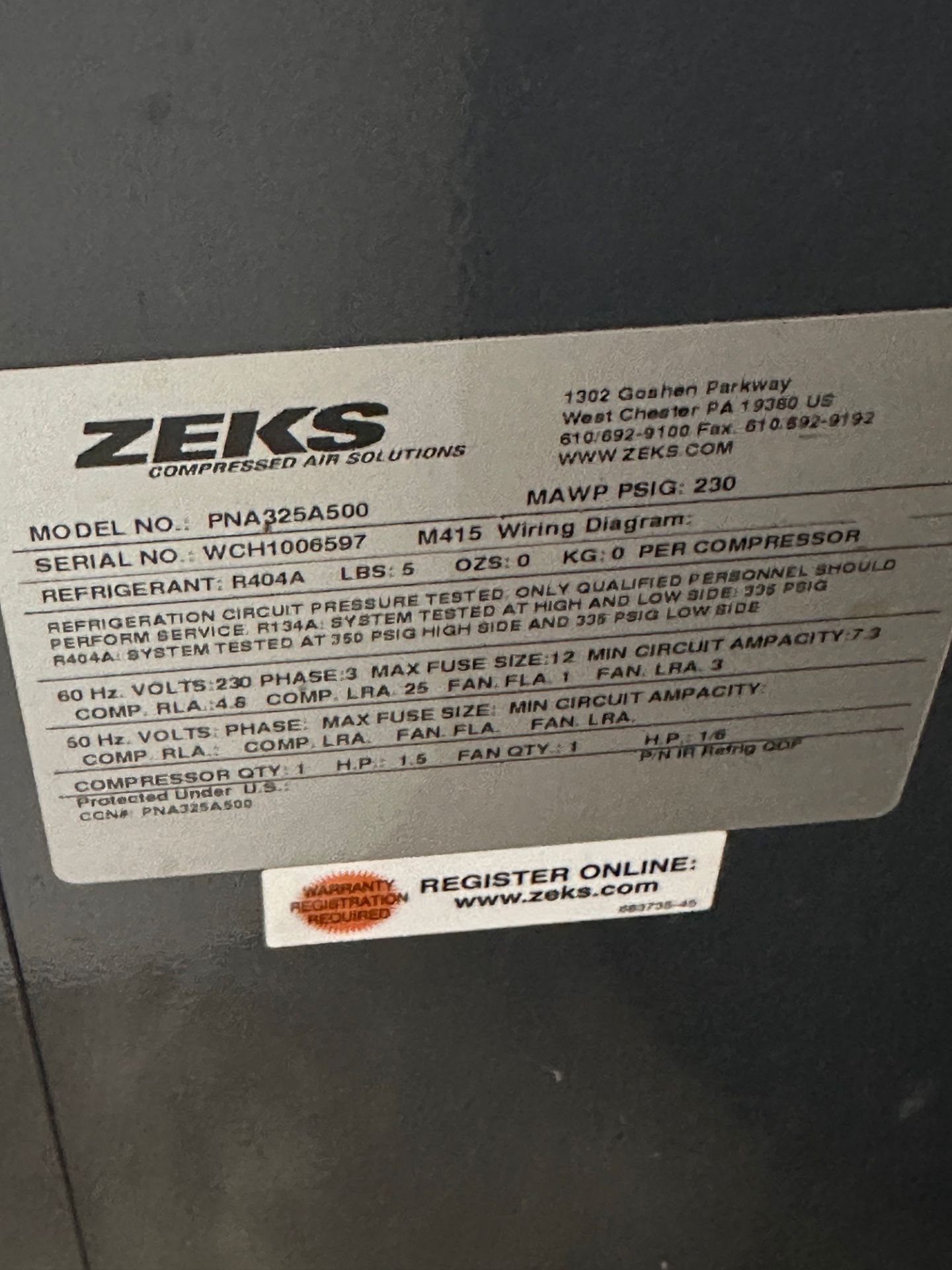 Zeks Model PNA325A500 Air Dryer, S/N: WCH1006597 | Rig Fee $500 See Desc - Bild 2 aus 2