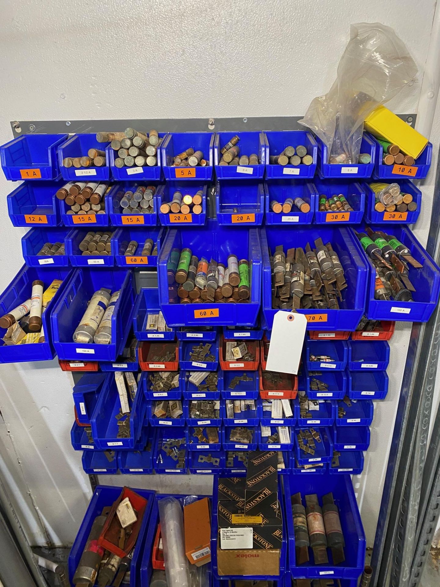 Lot of Pigeon Hole Shelving Parts Bins with Fuses, Strapping and Assorte | Rig Fee $50