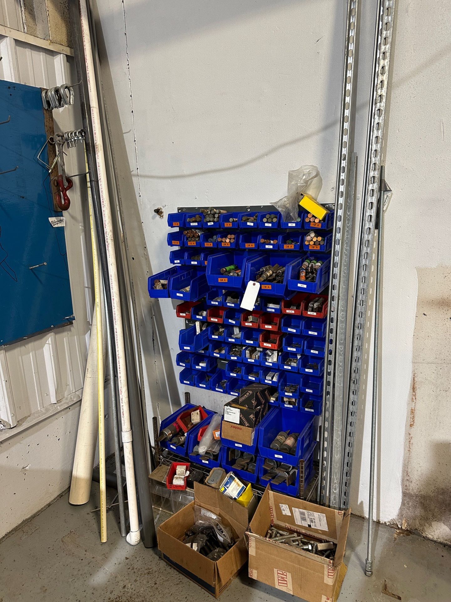Lot of Pigeon Hole Shelving Parts Bins with Fuses, Strapping and Assorte | Rig Fee $50 - Image 2 of 5