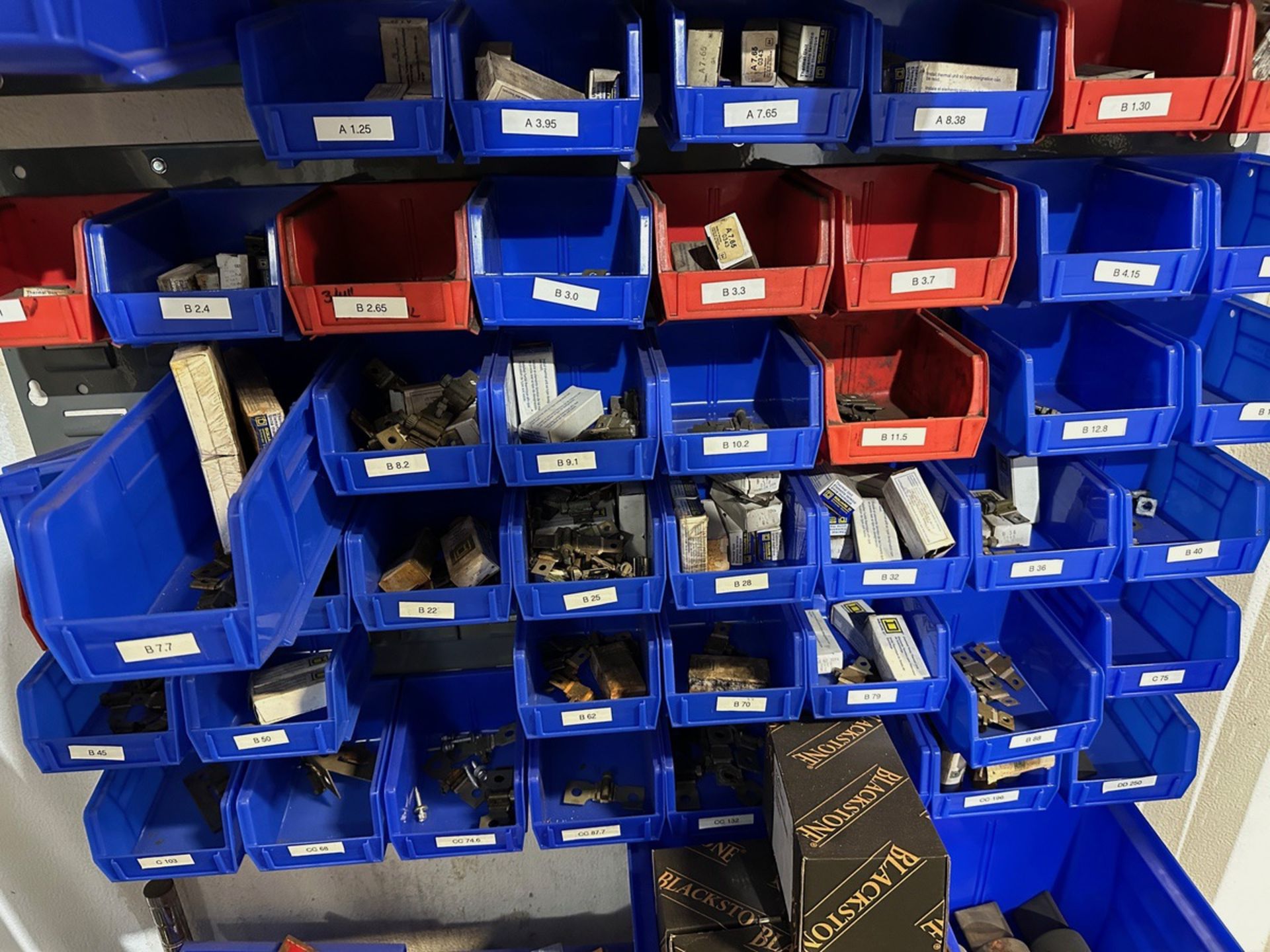 Lot of Pigeon Hole Shelving Parts Bins with Fuses, Strapping and Assorte | Rig Fee $50 - Image 4 of 5