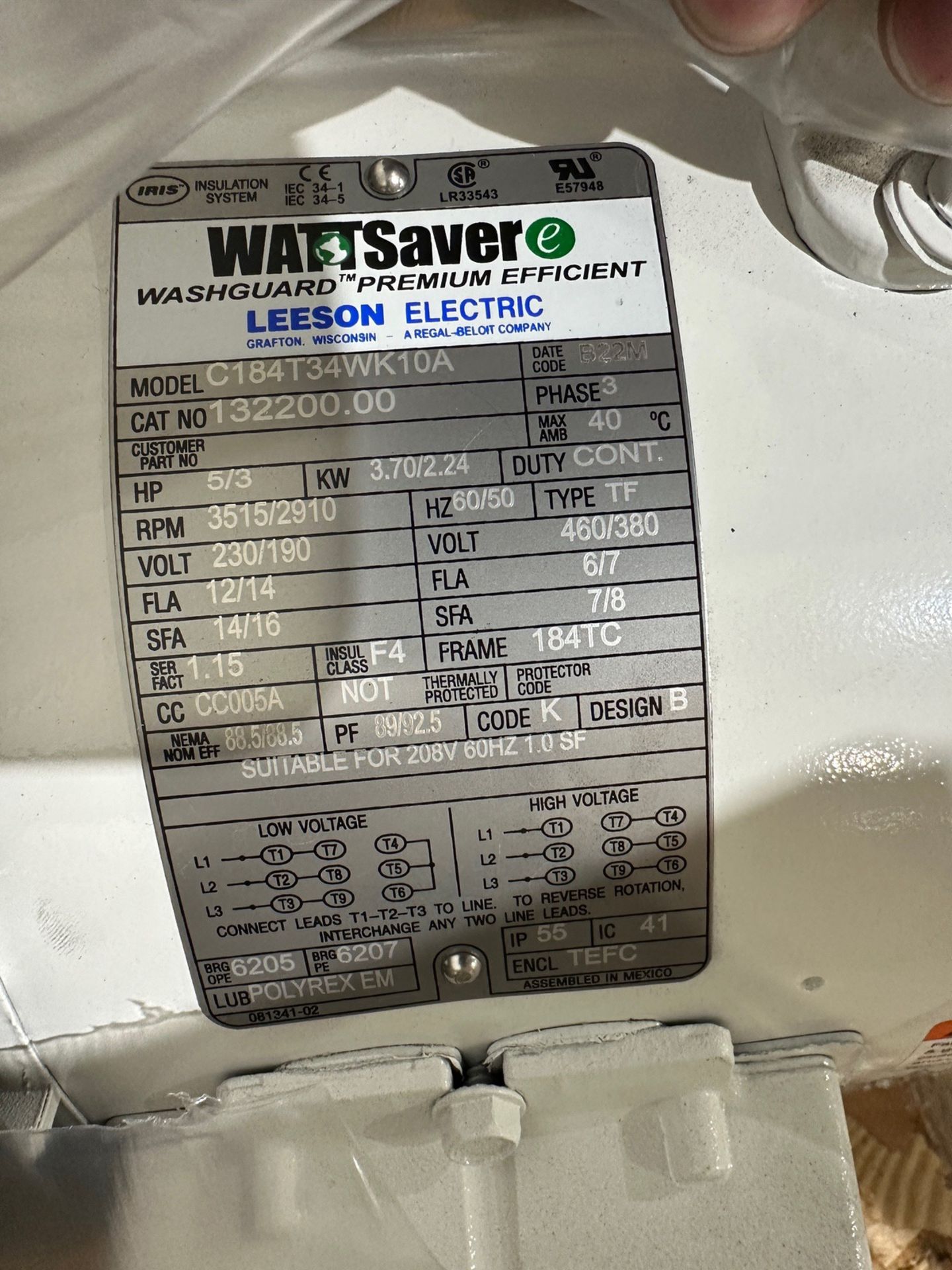 Leeson 5/3 HP Watt Saver Washguard Premium Efficient Motor | Rig Fee $25 - Image 2 of 2