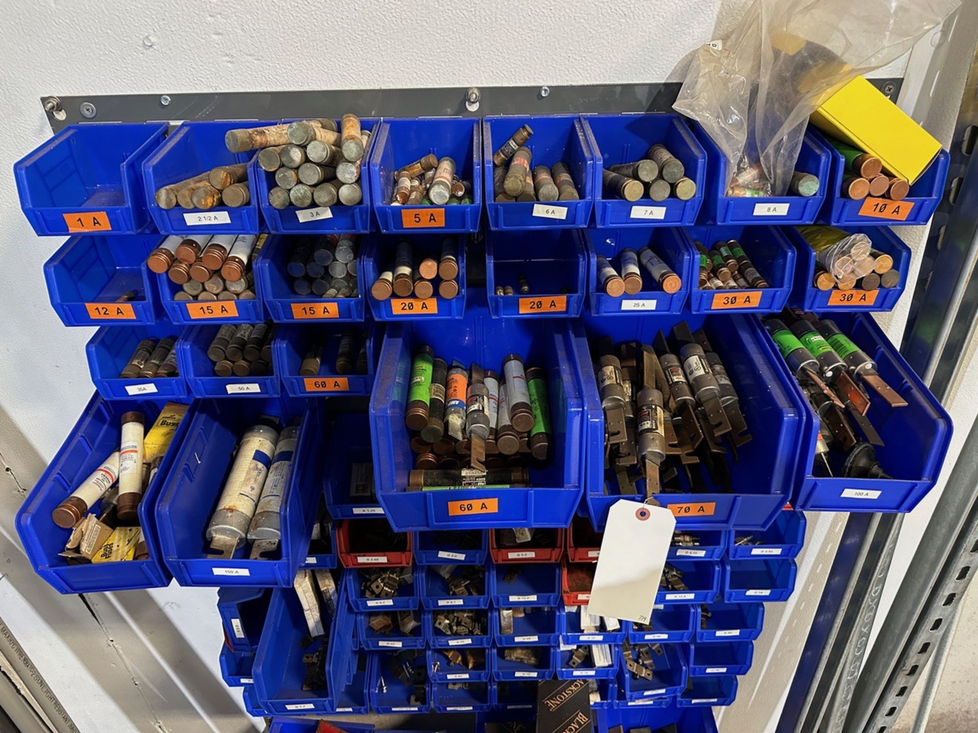 Lot of Pigeon Hole Shelving Parts Bins with Fuses, Strapping and Assorte | Rig Fee $50 - Image 3 of 5