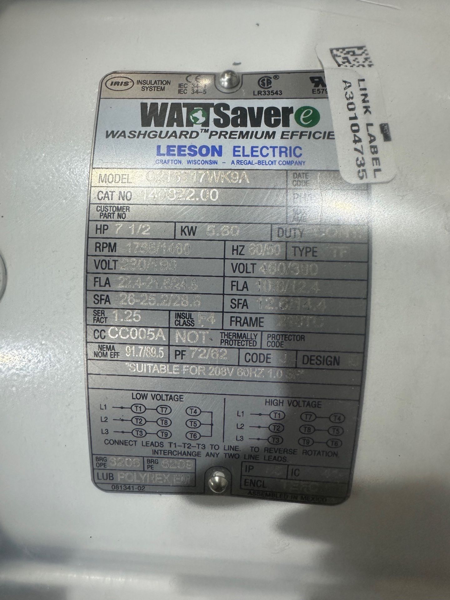 Leeson 7.5 HP Watt Saver Washguard Premium Efficient Motor | Rig Fee $25 - Image 2 of 2