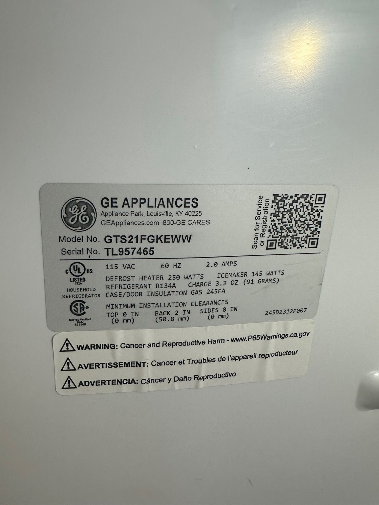 GE Fridge, Model GTS21FGKEWW | Rig Fee $75 - Image 3 of 3