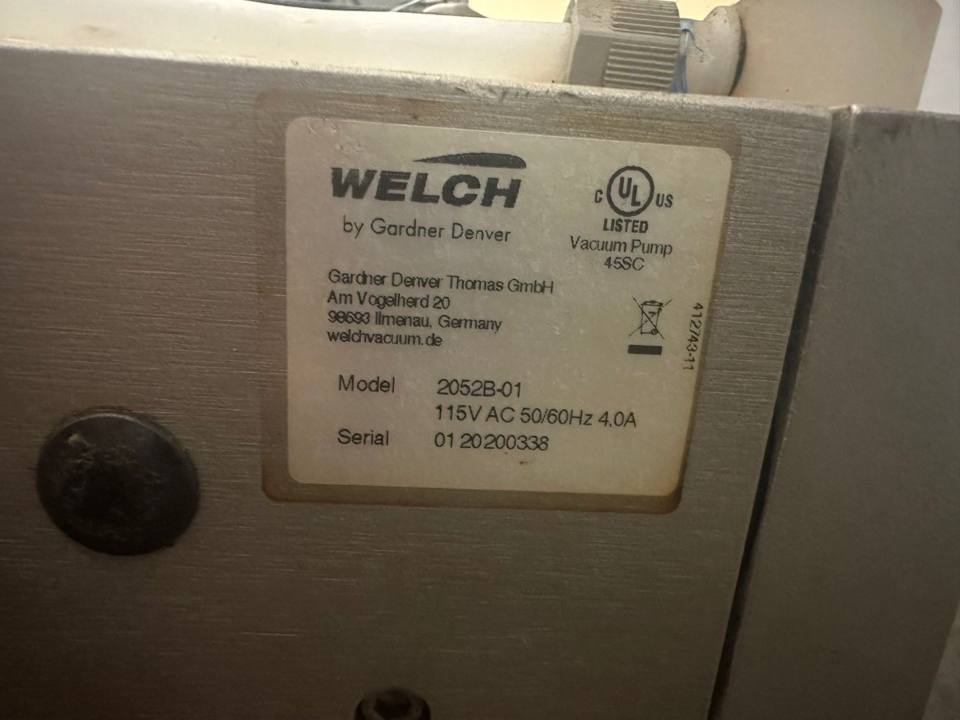 Welch Vacuum Pump, Model 2052B-01, S/N 0120200338 | Rig Fee $20 - Image 2 of 2