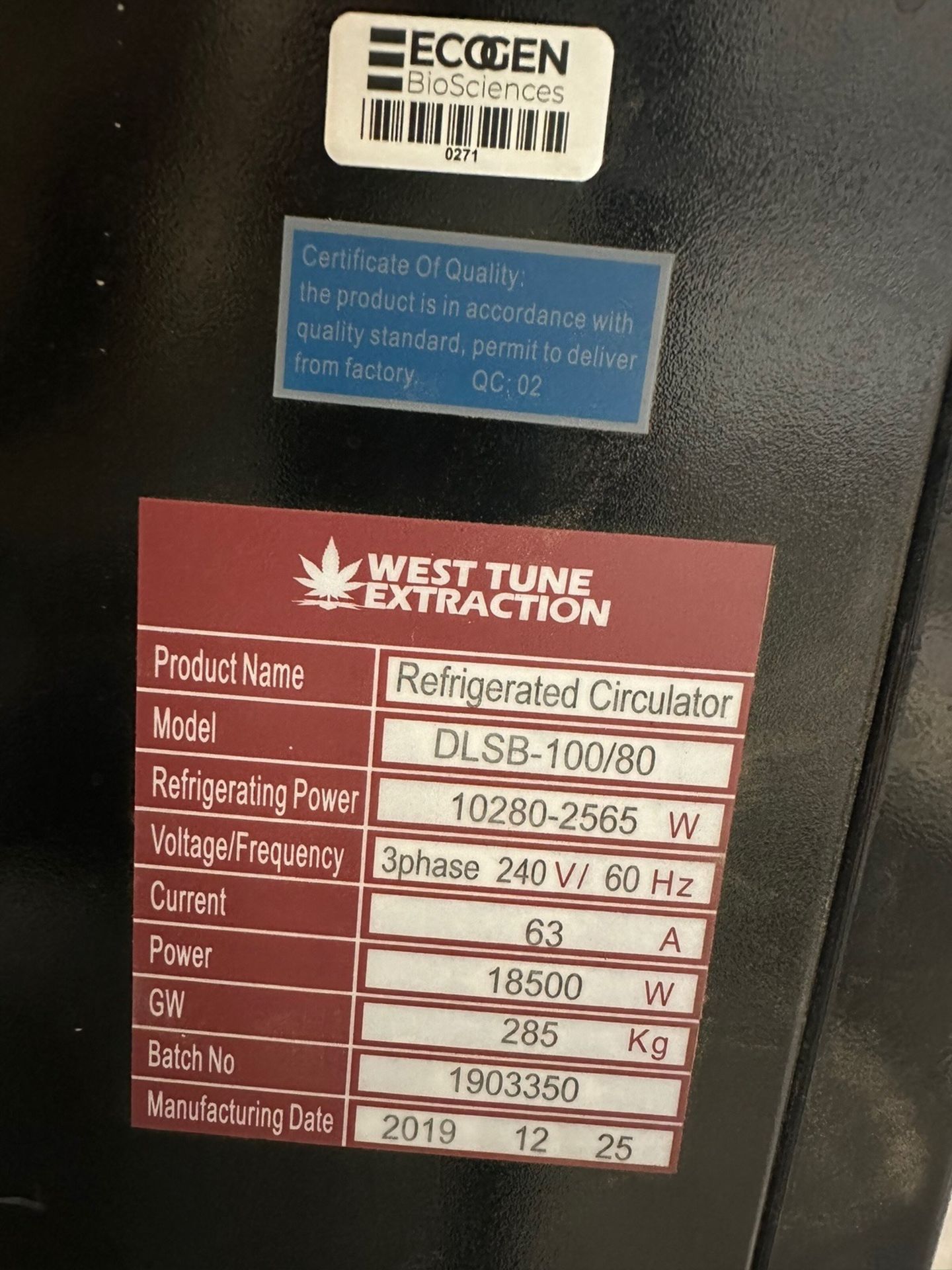 West Tune Extraction Refrigerated Circulator, Model, DLSB-100/80 Year 201 | Rig Fee $200 - Image 5 of 5