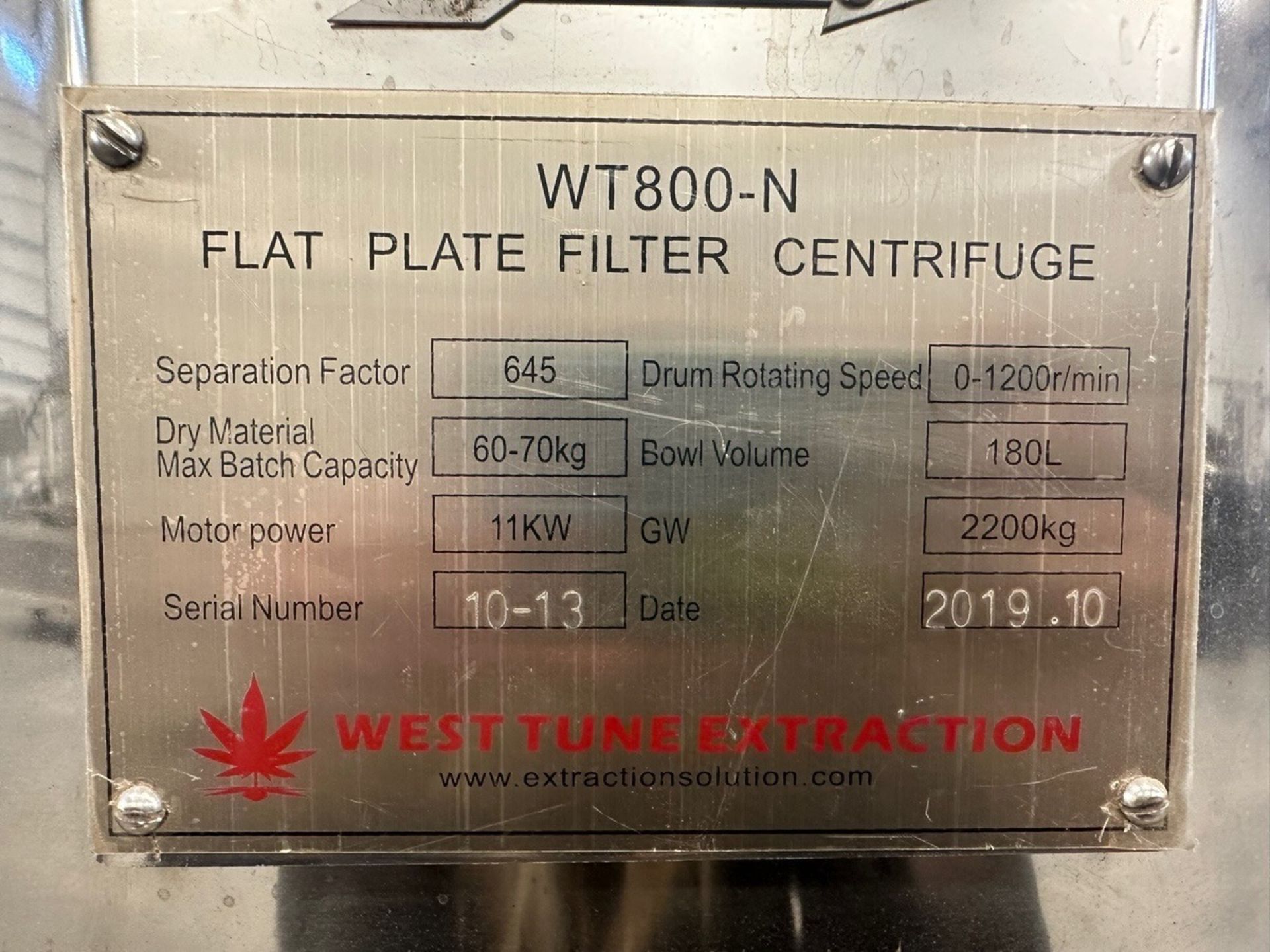 West Tune Extraction, Flat Plate Filter Centrifuge, S/N 10-14, Year 2019 | Rig Fee $500 - Image 7 of 7