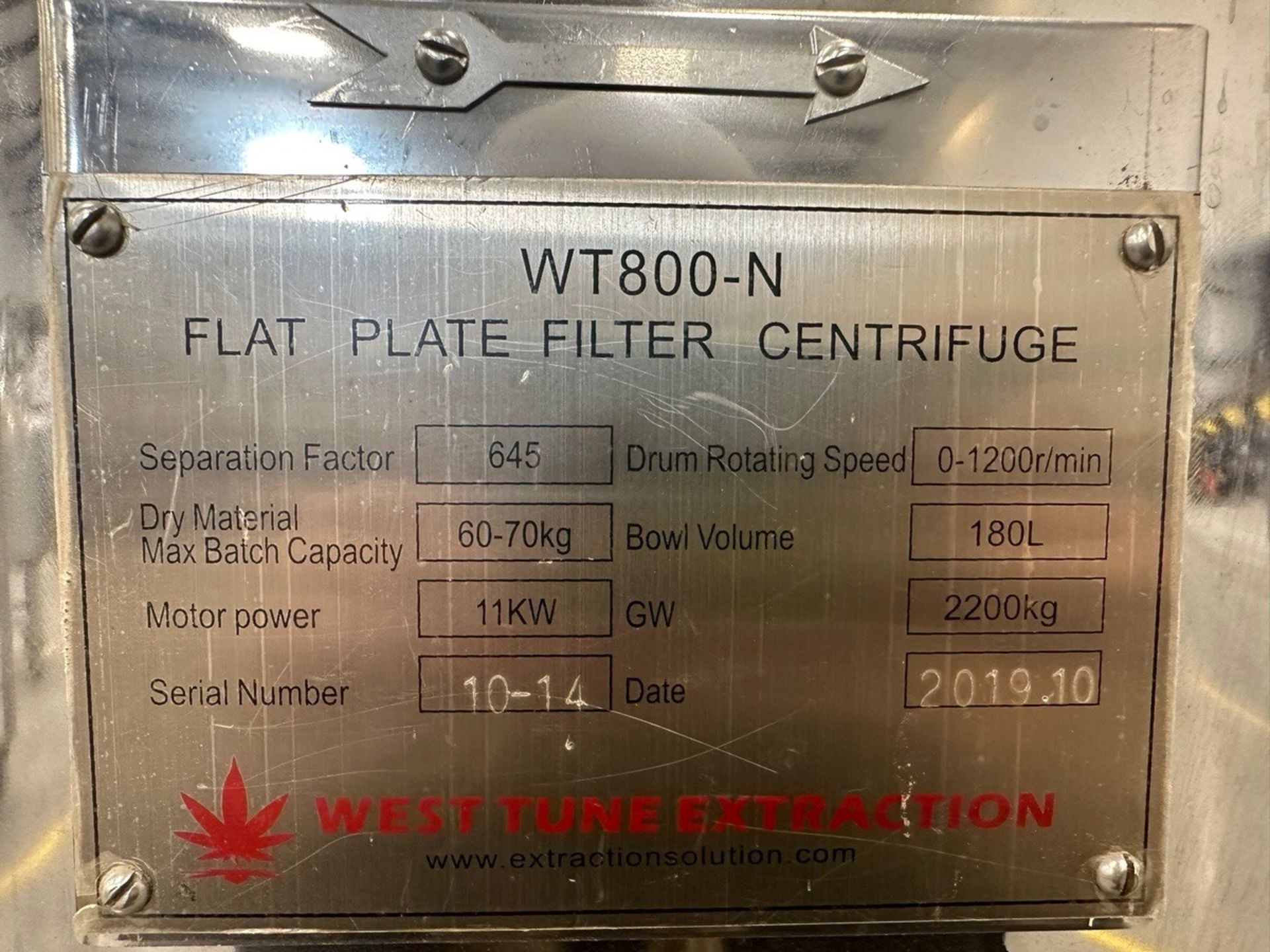 West Tune Extraction, Flat Plate Filter Centrifuge, S/N 10-14, Year 2019 | Rig Fee $500 - Image 6 of 6