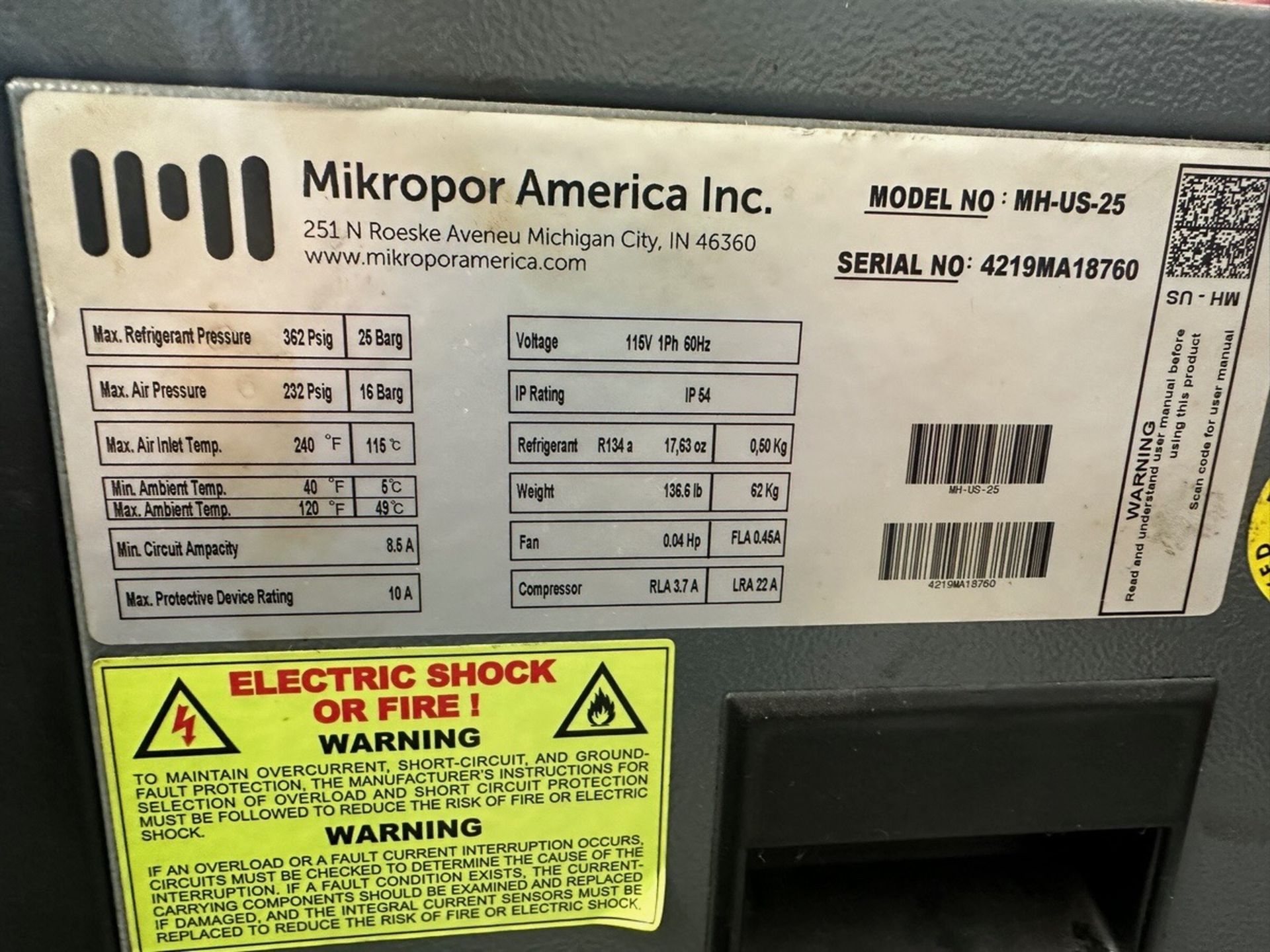 Mikropor America Chiller, Model MH-US-25, S/N 429MA18760 | Rig Fee $125 - Image 3 of 3