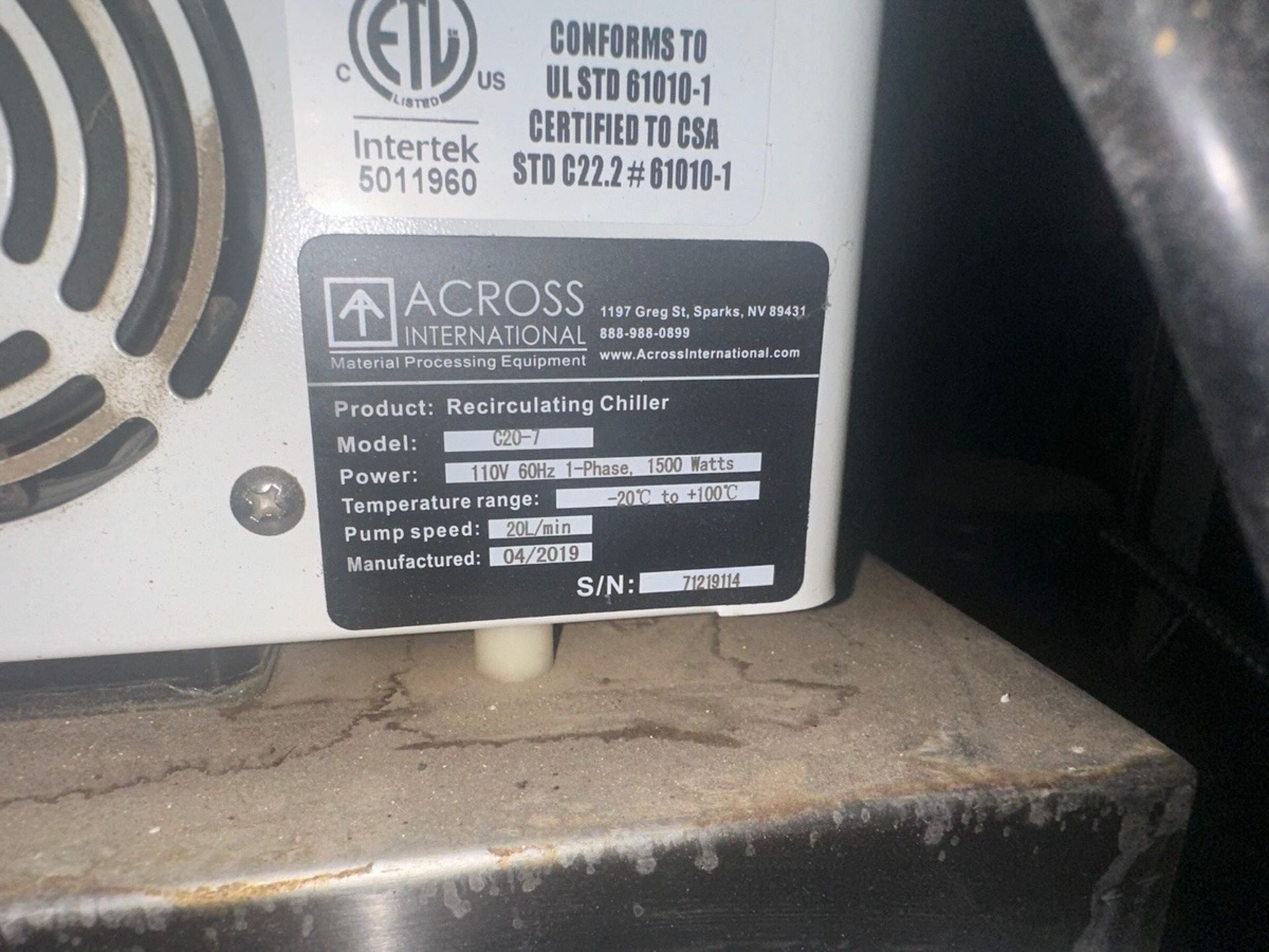 Across International Recirculation Chiller, Model G20-7, S/N 71219114 | Rig Fee $35 - Image 4 of 4