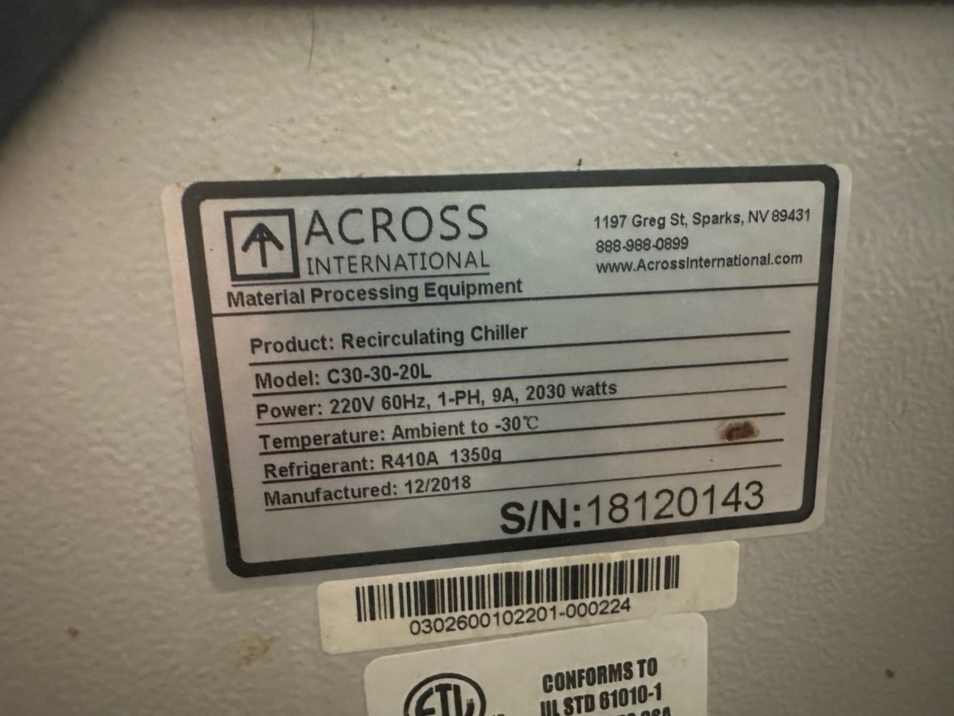 Across International Recirculation Chiller, Model C30-30-20L, S/N 1812014 | Rig Fee $50 - Image 4 of 4