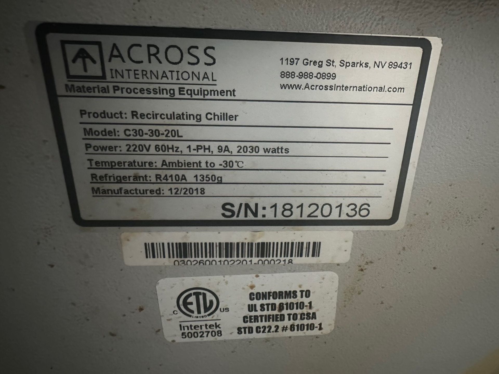 Across International Recirculating Chiller, Model C30-30-20L, S/N 1812013 | Rig Fee $75 - Image 4 of 4