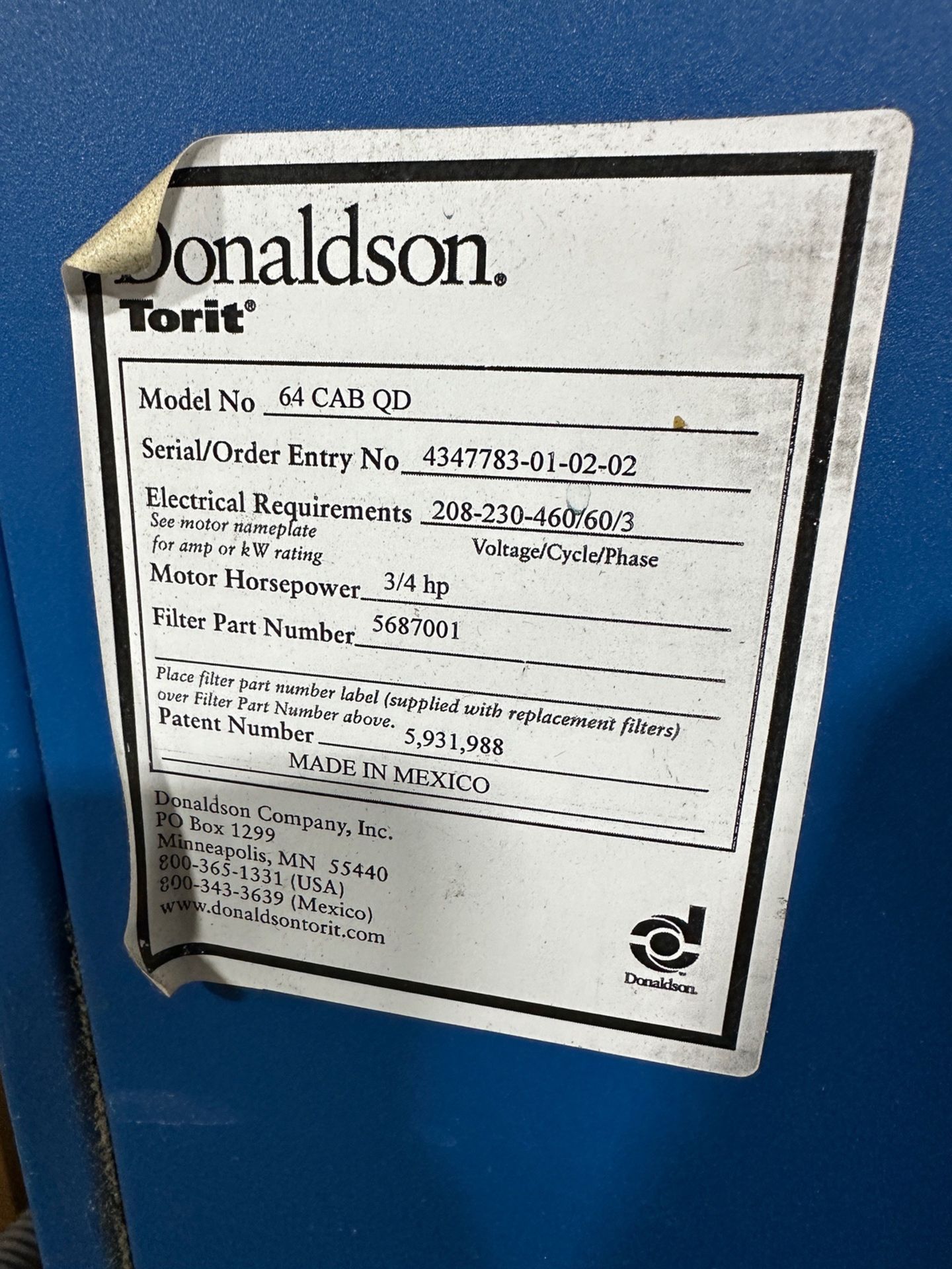 Donaldson Torit Cabinet Dust Collector - Model 64 CAB QD, S/N 4347783-01-02-02 | Rig Fee $200 - Image 3 of 3