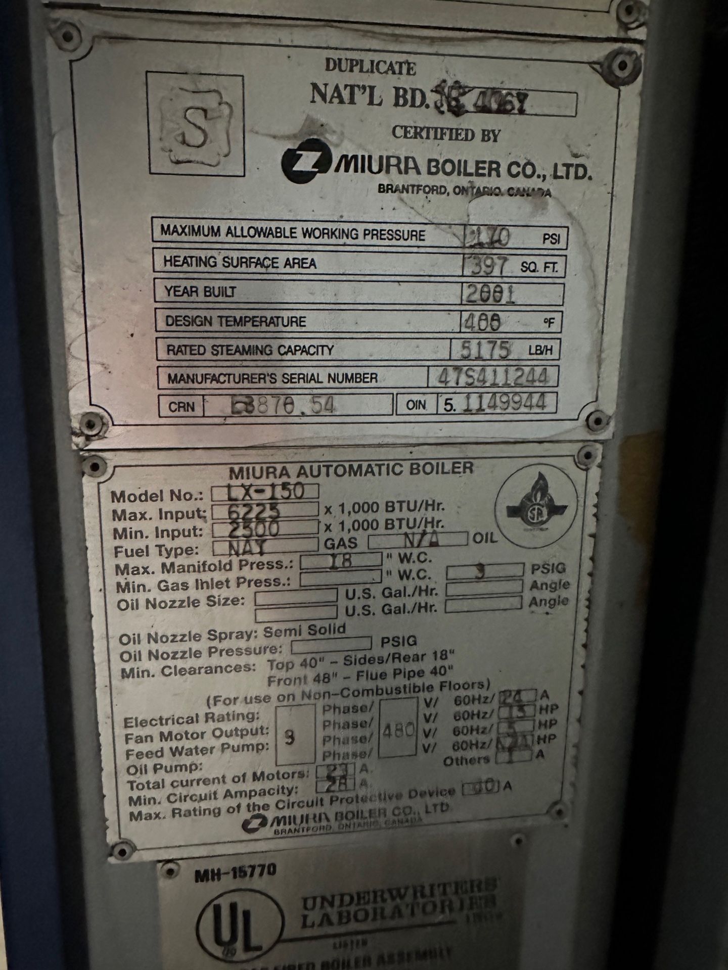 Miura Model LX-150 Boiler, Natural Gas, S/N: 47S411243 - Bild 3 aus 3