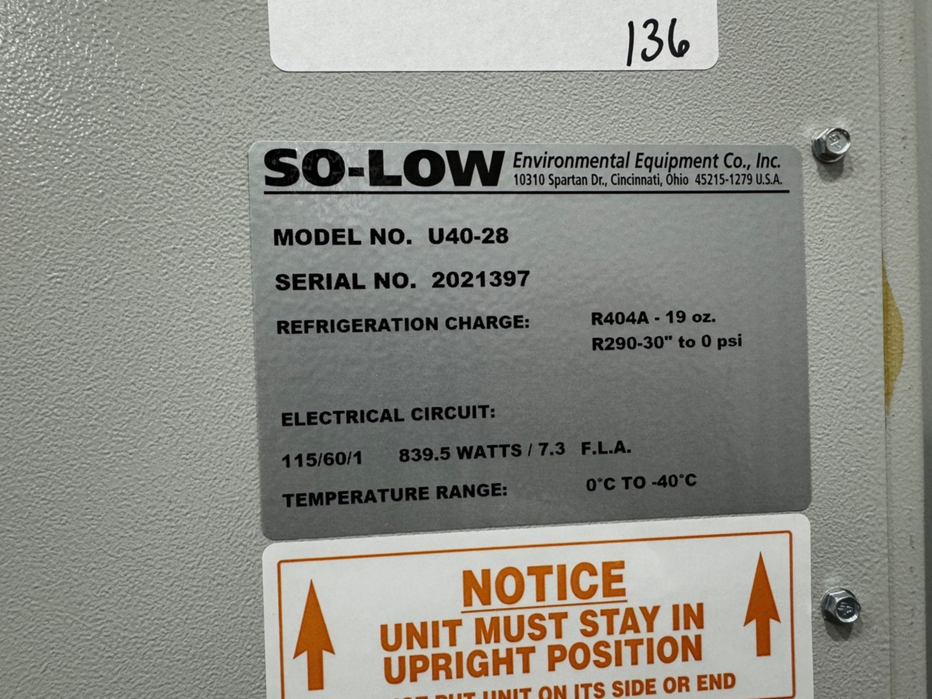 2021 So-Low U40-28 Upright -40F Freezer, S/N 2021397 | Rig Fee $300 - Image 2 of 2