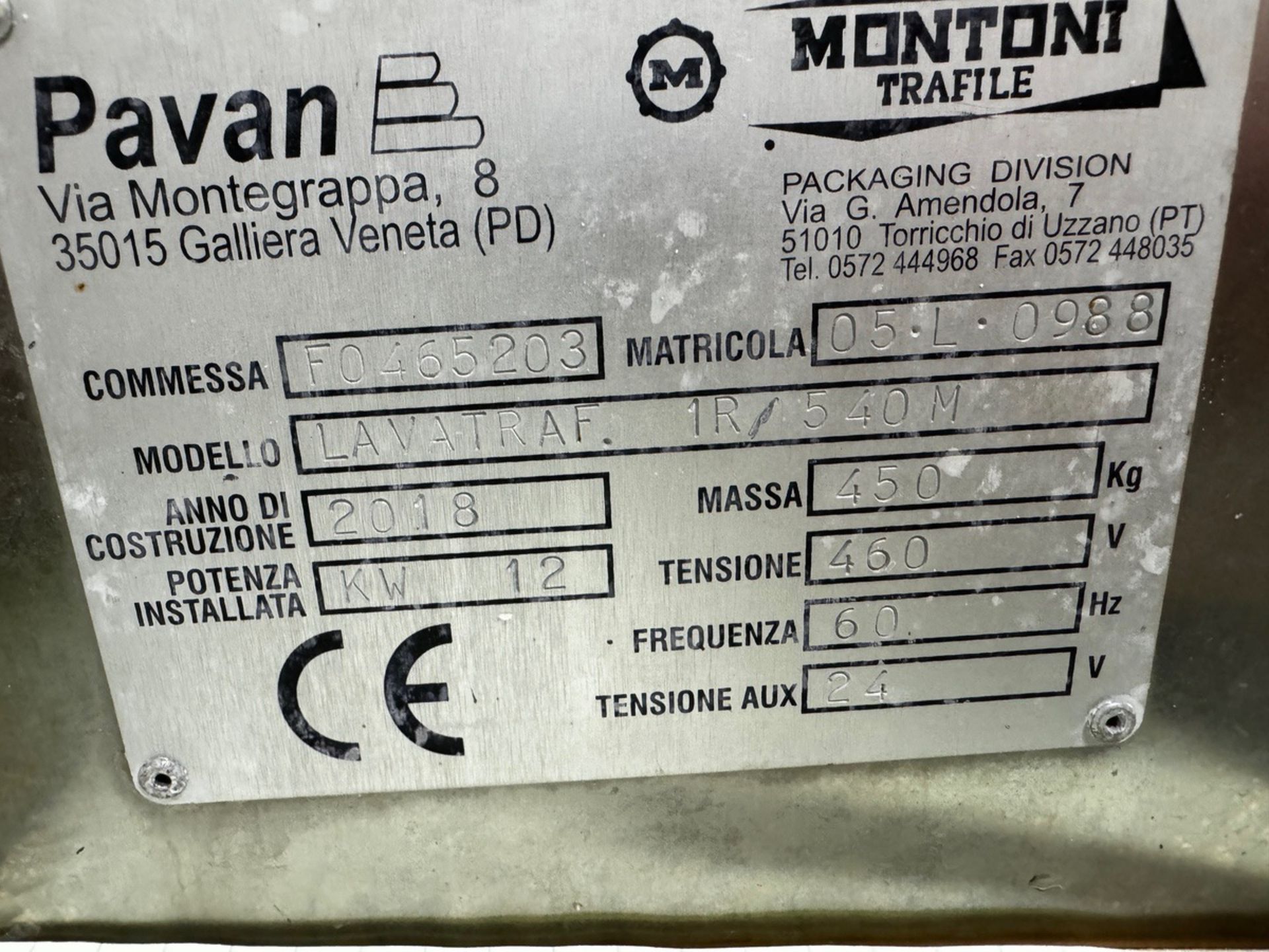 2018 Pavan Pasta Press Die Washer Model LAVA-TRAF 1R/540M, S/N F0465203 - Image 5 of 6