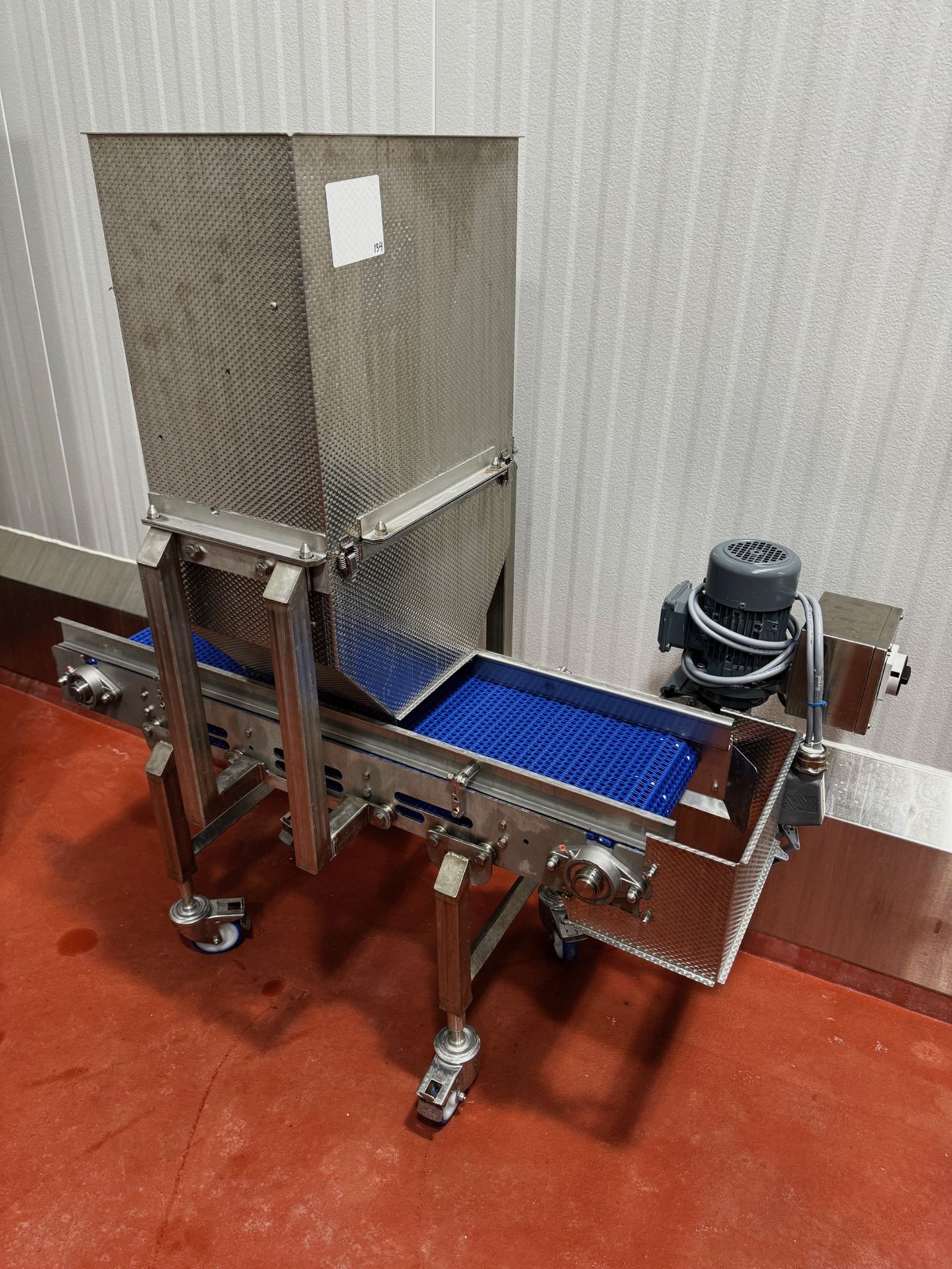 Stainless Steel Frame 10" x 42" Depositing Conveyor, VS Control, Dimple Surface hopper, Mounted on C