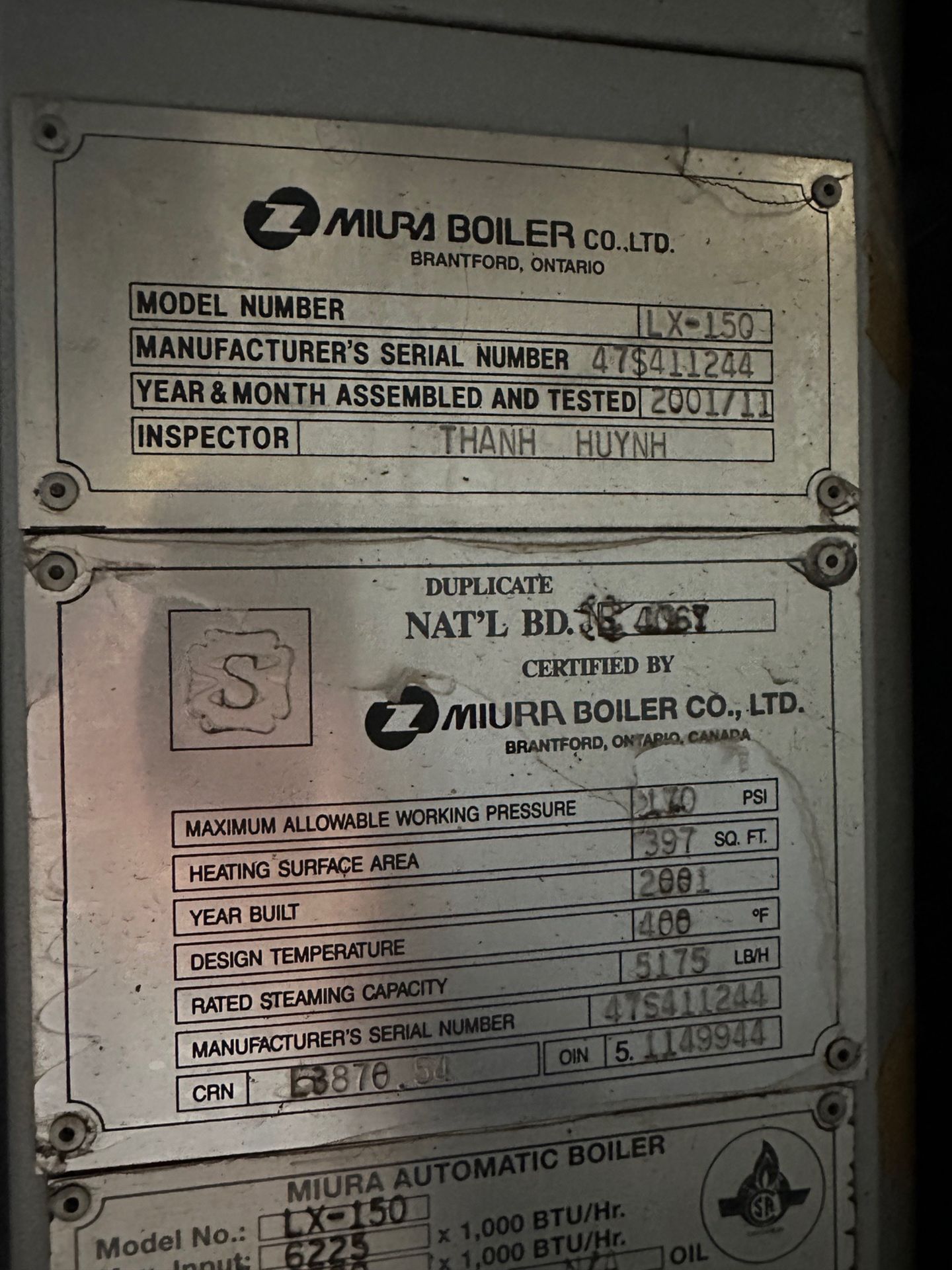 Miura Model LX-150 Boiler, Natural Gas, S/N: 47S411243 - Bild 2 aus 3