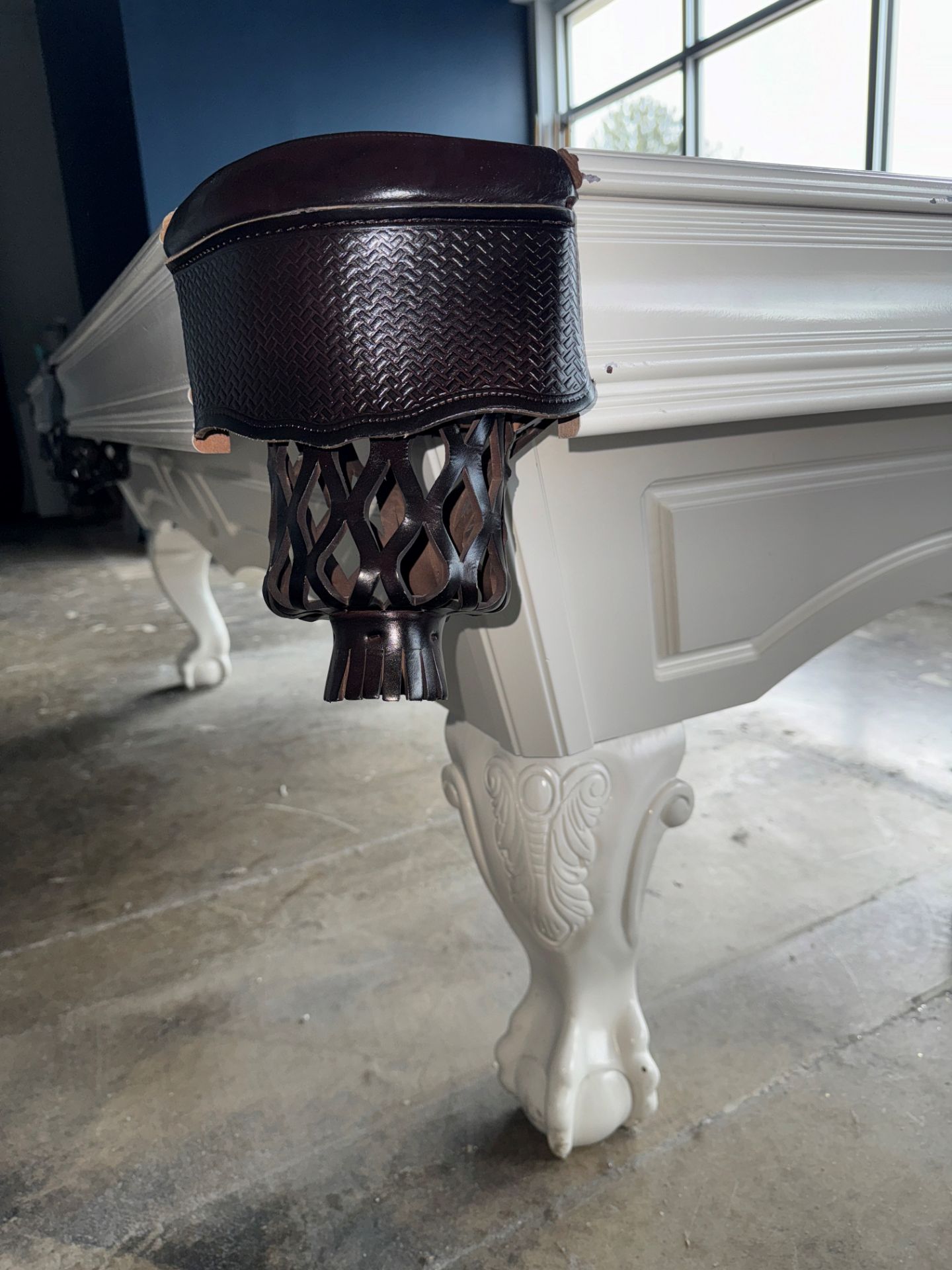 Brunswick Pool Table, White Leather Pockets, Clawed Feet, (2) Pool Racks | Rig Fee $540 - Image 3 of 6