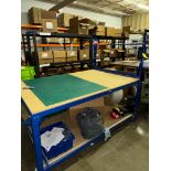 Blue Packaging Table, Port. Wire Chrome Rack, 8-Shelf Wood Port. Work Ta | Rig Fee $125