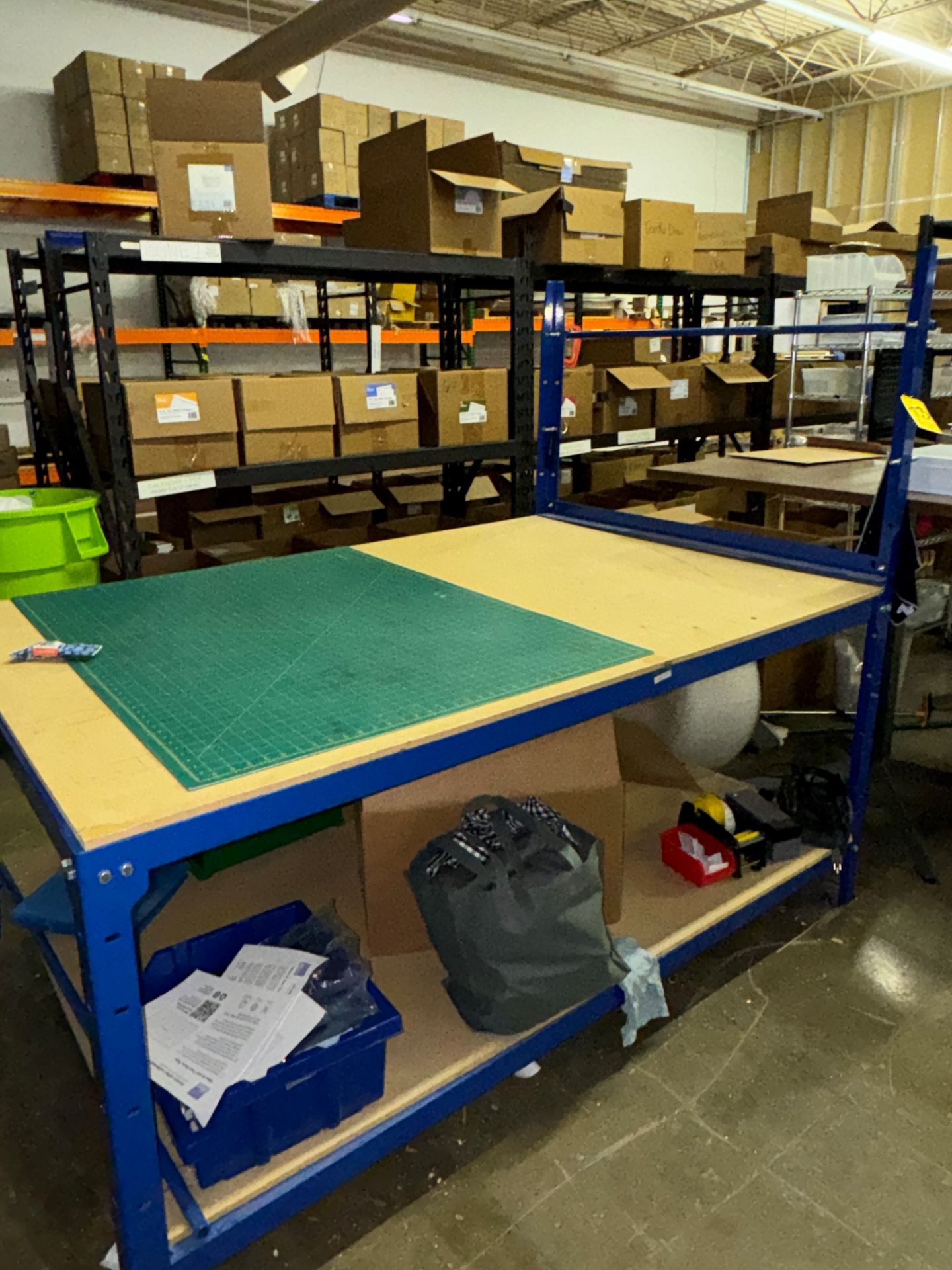 Blue Packaging Table, Port. Wire Chrome Rack, 8-Shelf Wood Port. Work Ta | Rig Fee $125