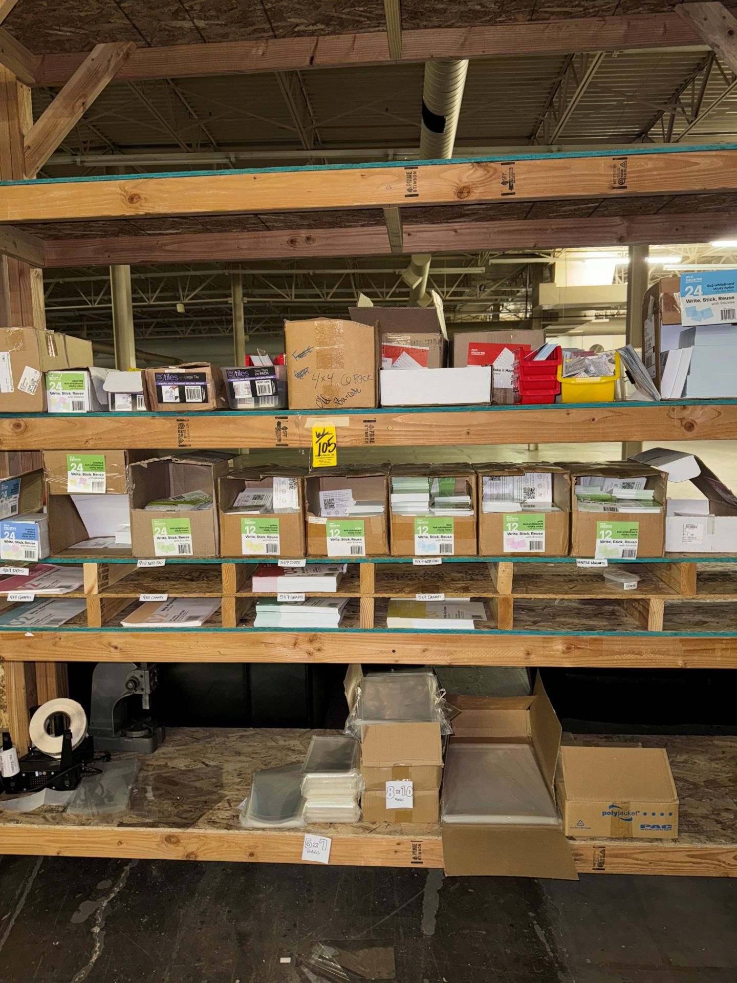 LOT (4) Wood Port. Shelves, 8' L w/ Contents Including Sticky Pads, Glue | Rig Fee $125 - Image 8 of 11