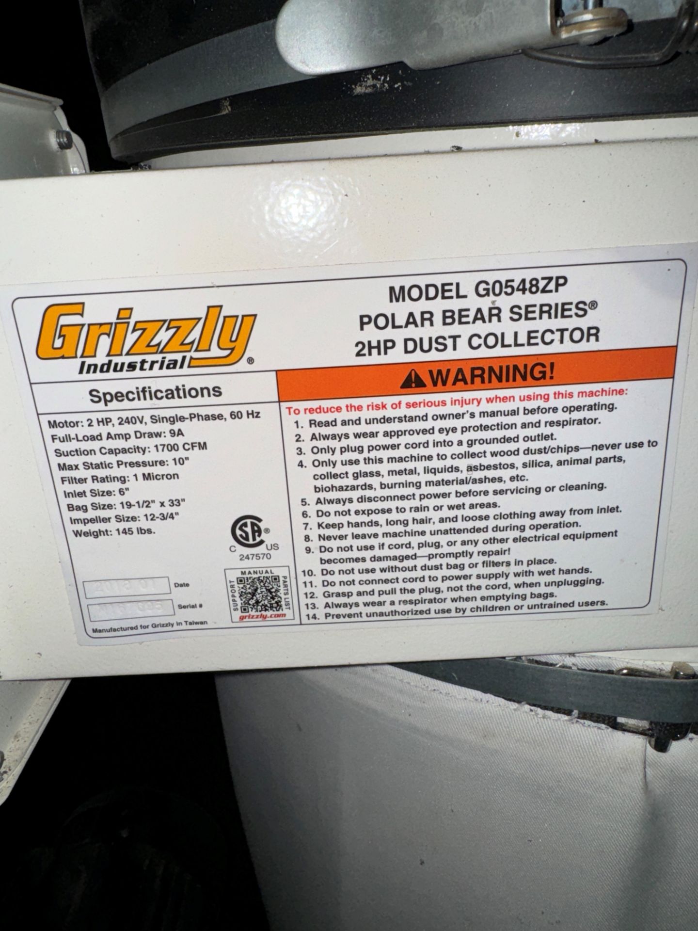 Grizzly G0548ZP Dust Collector, 2 HP, Polar Bear Series | Rig Fee $150 - Image 3 of 4