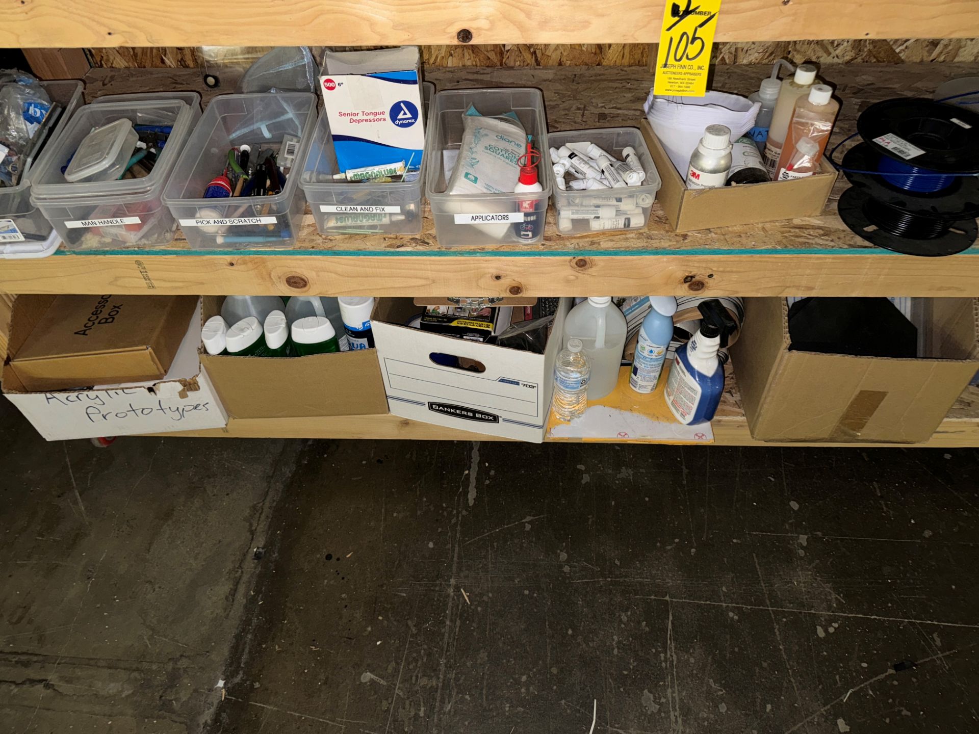 LOT (4) Wood Port. Shelves, 8' L w/ Contents Including Sticky Pads, Glue | Rig Fee $125 - Image 6 of 11