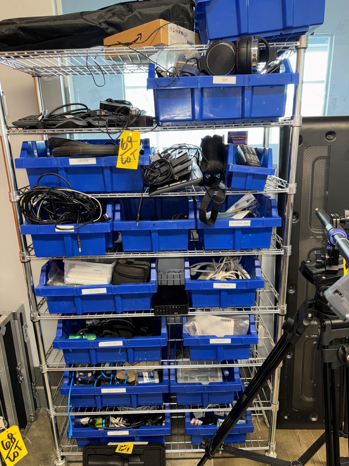 LOT Port. Chrome Wire Rack w/ Bins of Asst. Computer Accessories, Keyboa | Rig Fee $120