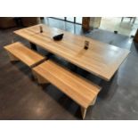 Lot of Heavy Duty Wooden Table (Approx. 38" x 9') with (4) Wooden Benches (Approx. 18" x 50" Each) -