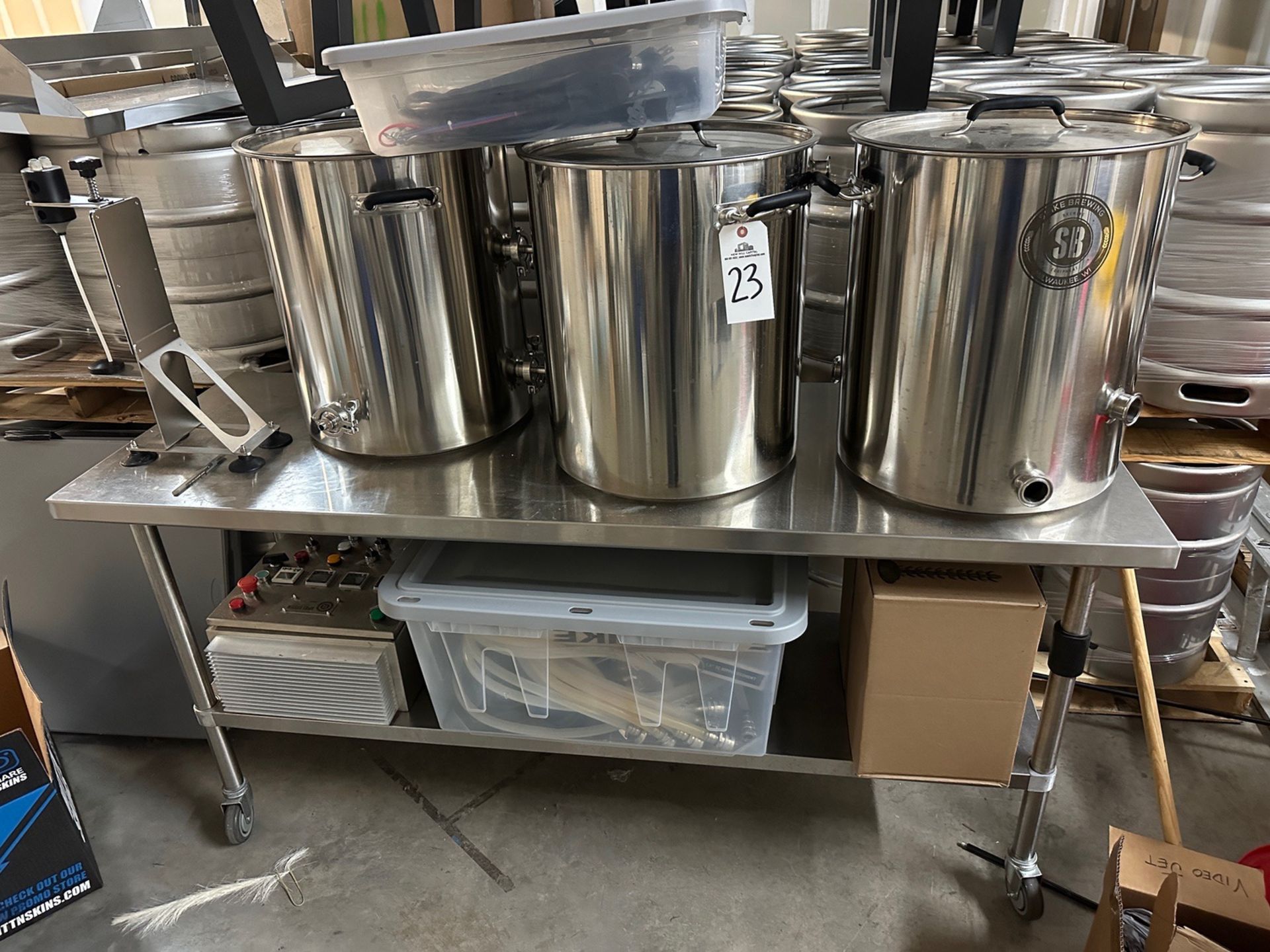 Spike Brewing Homebrew Setup on Stainless Steel Cart - 3-Vessels, Controls, Fittings and Hoses