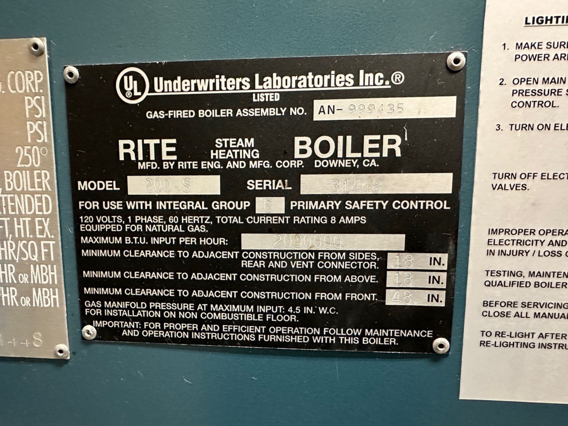 Rite Model 200S Natural Gas Boiler, Max Input 2,000,000 BTU, S/N: 31448 | Rig Fee $2850 - Image 6 of 9