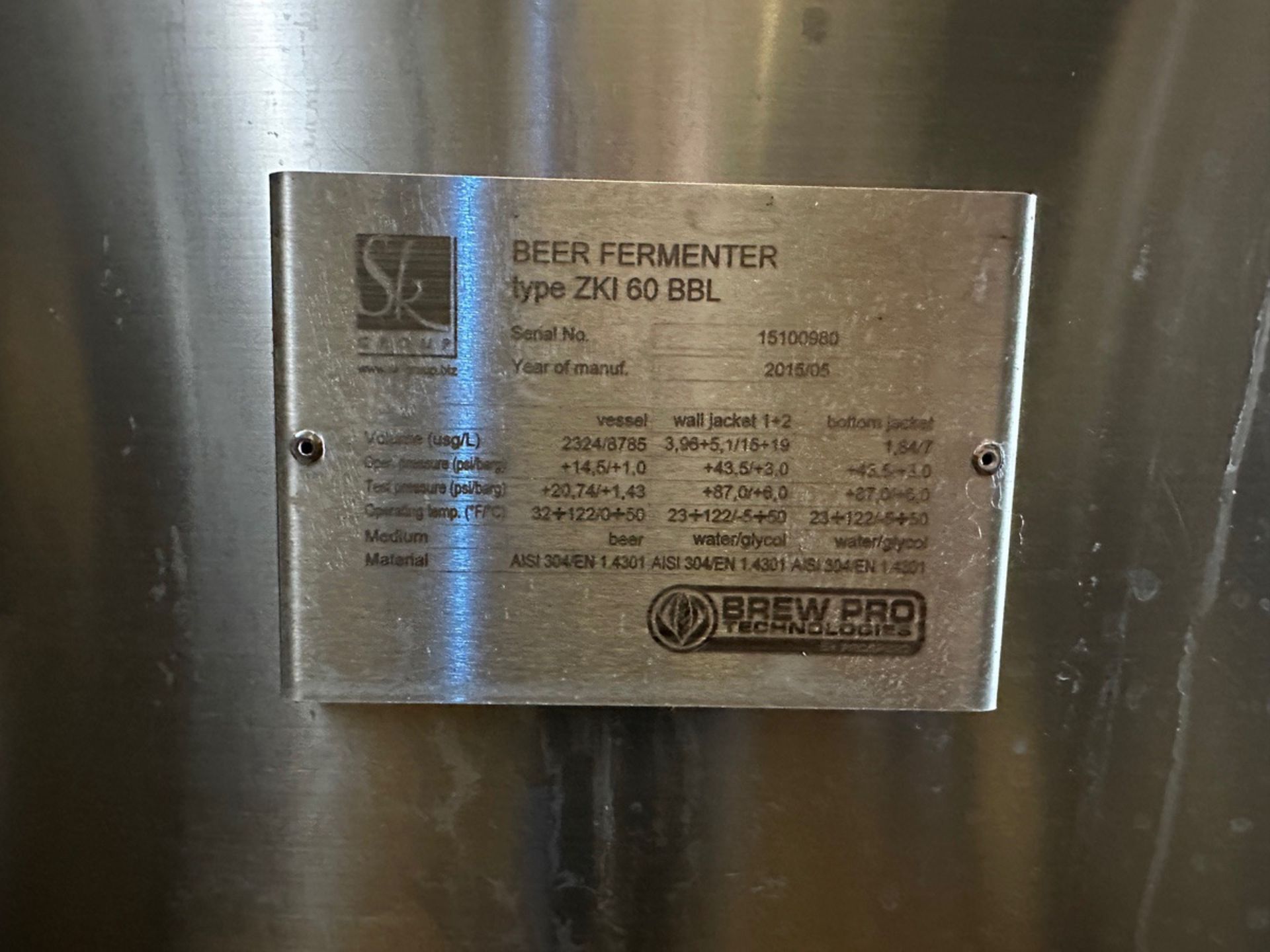 SK Brew Pro Technologies 60 BBL Fermenter, Glycol Jacketed, S/N: 151000980, Approx | Rig Fee $2250 - Image 2 of 7