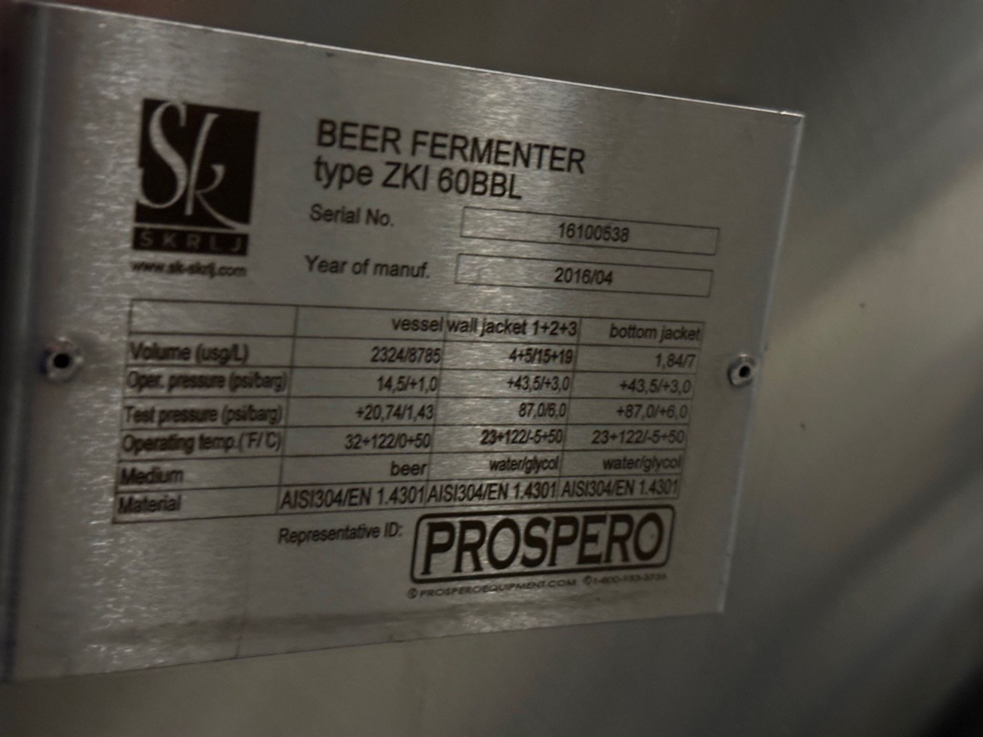 2016 Prospero SK 60 BBL Fermenter, Glycol Jacketed, Approx 7ft ID x 15ft OAH, S/N: | Rig Fee $2250 - Bild 3 aus 8
