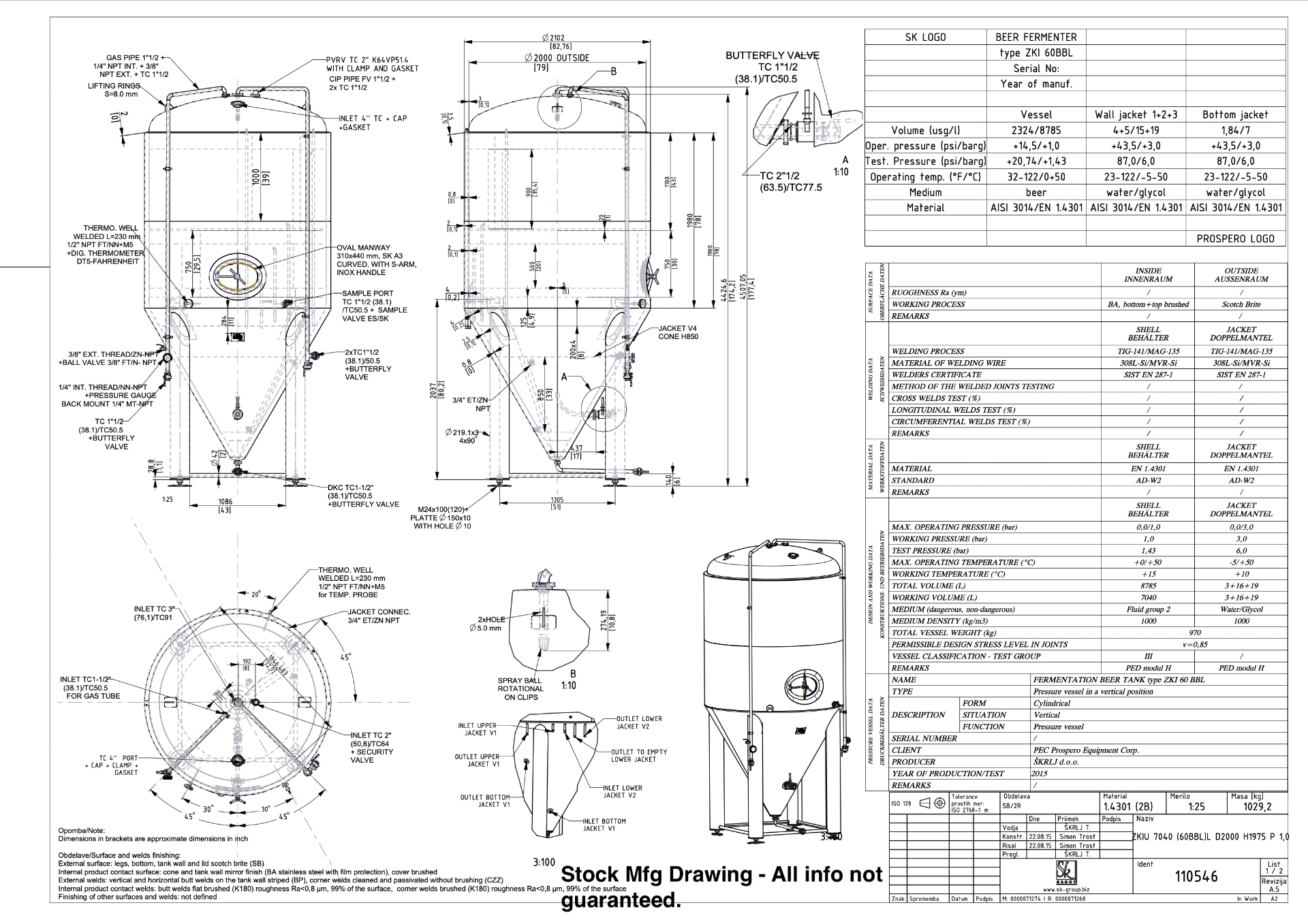 2018 Prospero SK 60 BBL Fermenter, Glycol Jacketed, Approx 7ft ID x 15ft OAH, S/N: | Rig Fee $2250 - Image 7 of 7