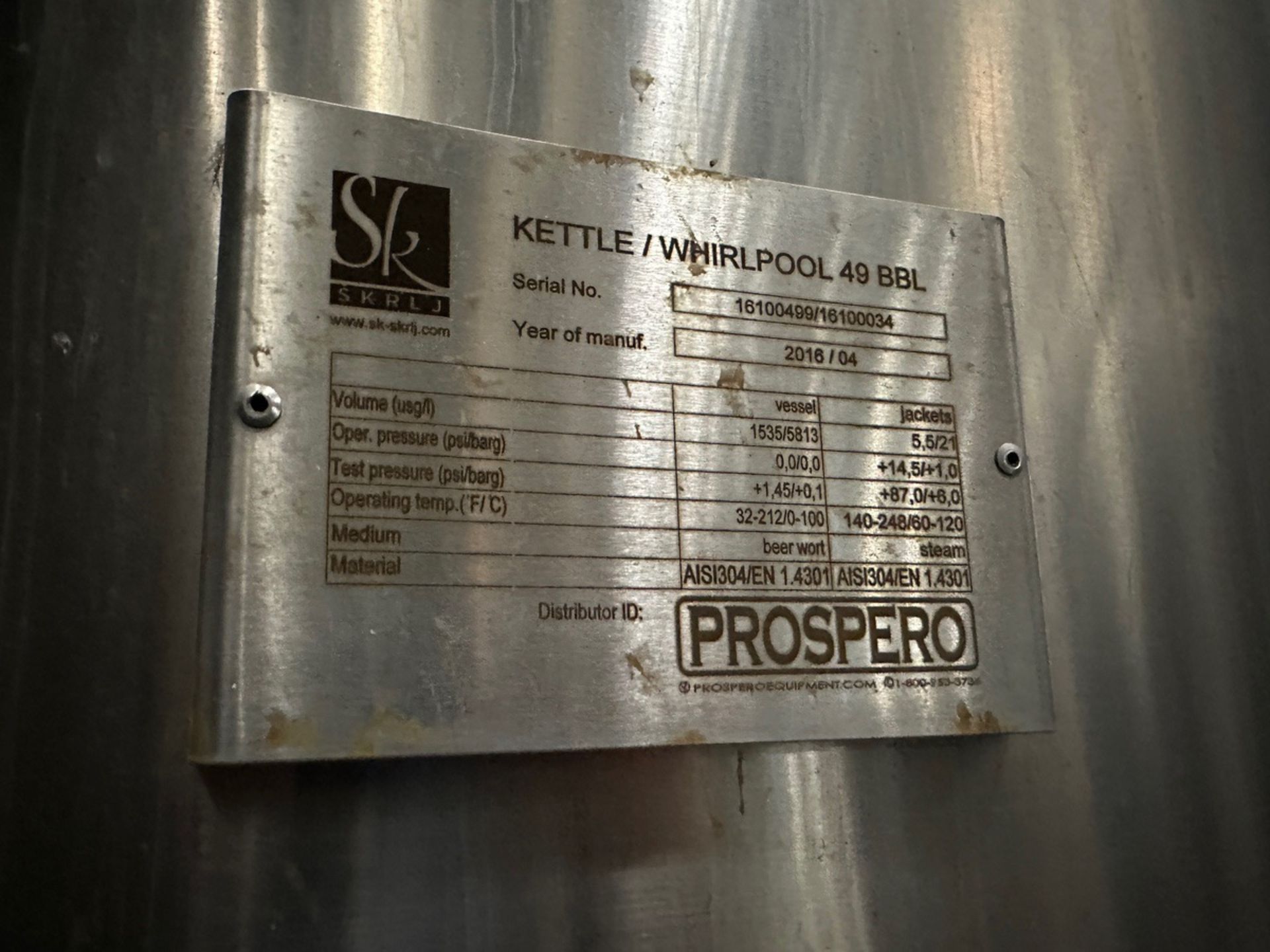 2016 Prospero SK 2-Vessel 49 BBL Brew Kettle/Whirlpool, 39 BBL Mash Mixer / Lauter Tun, with Control - Image 25 of 25