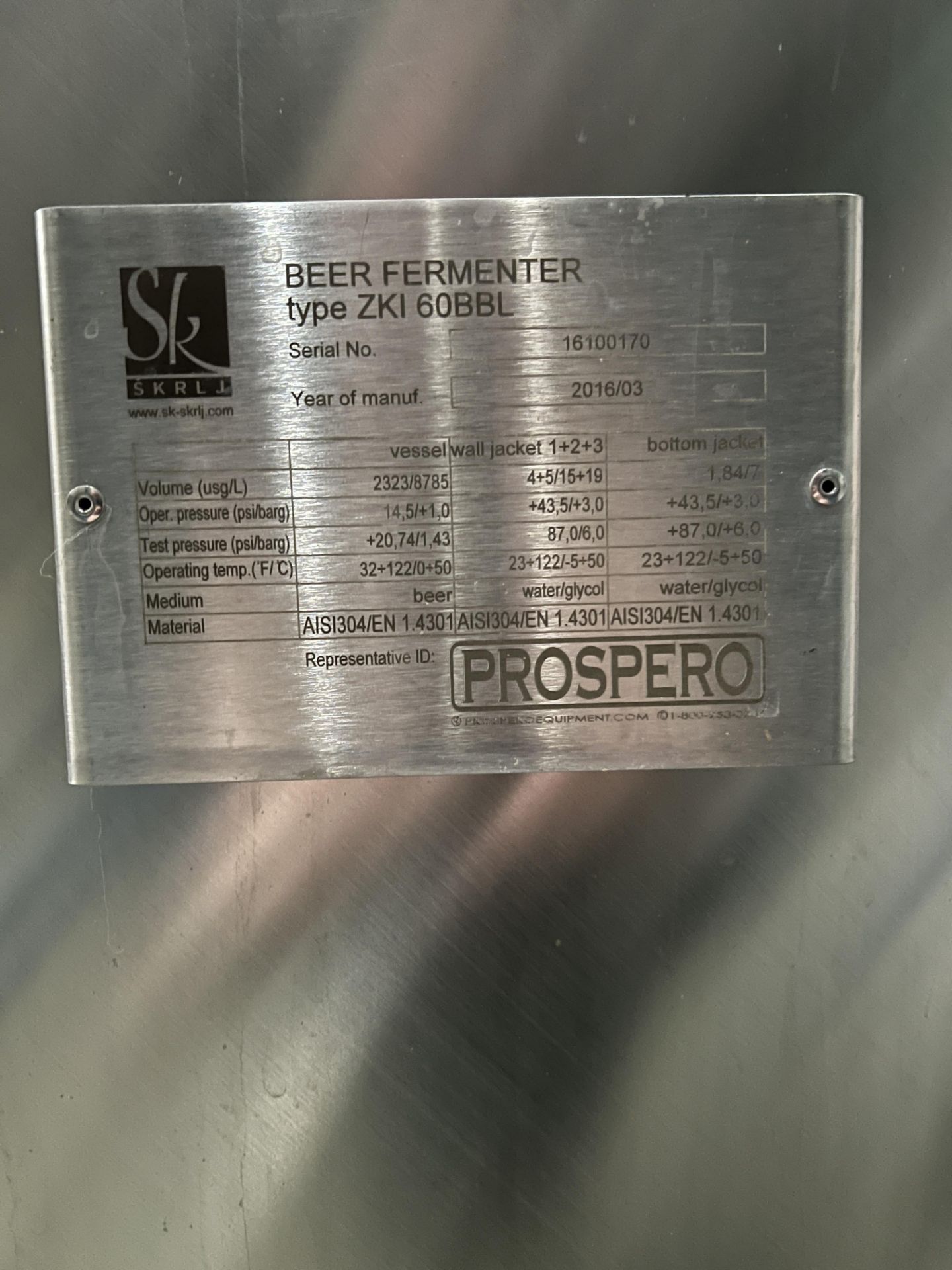 2018 Prospero SK 60 BBL Fermenter, Glycol Jacketed, Approx 7ft ID x 15ft OAH | Rig Fee $2250 - Image 3 of 4