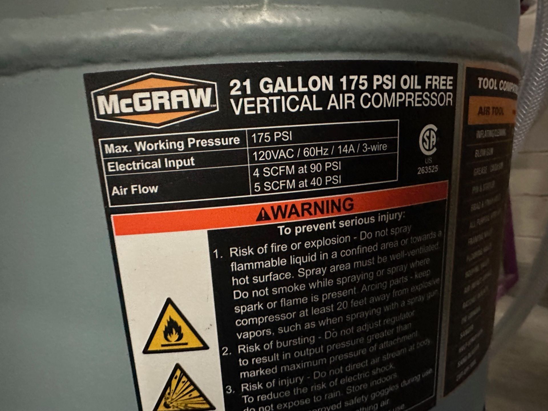 McGraw 175 Psi Air Compressor, 21 Gal Receiver Tank - Image 4 of 4