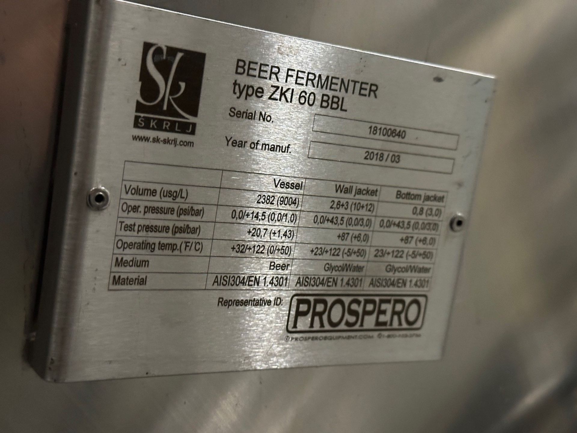 2018 Prospero SK 60 BBL Fermenter, Glycol Jacketed, Approx 7ft ID x 15ft OAH, S/N: | Rig Fee $2250 - Image 4 of 7