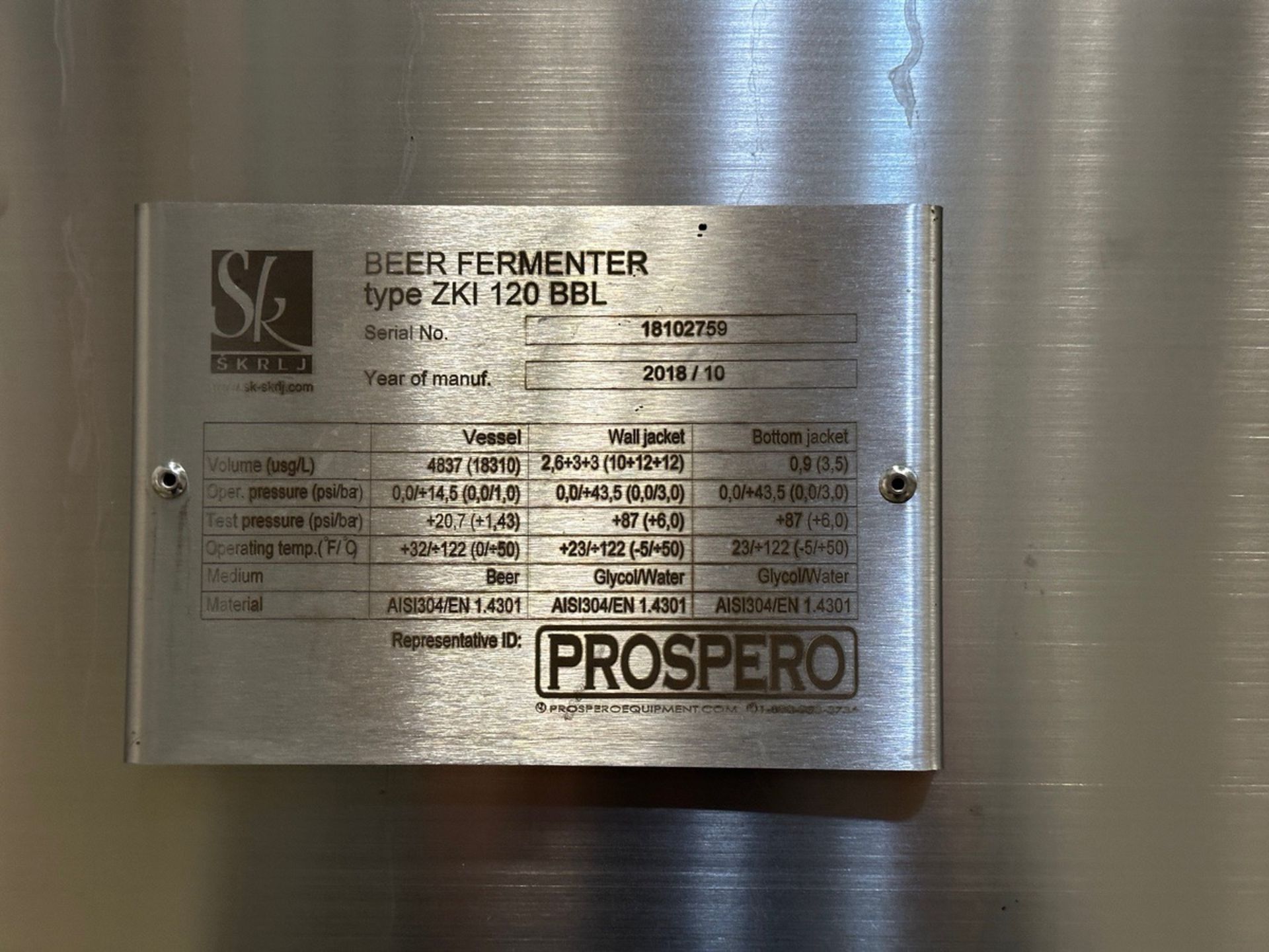 2018 Prospero SK 120 BBL Fermenter, Glycol Jacketed, Approx 7ft ID x 24ft OAH, S/N: 18102759 - Image 4 of 6