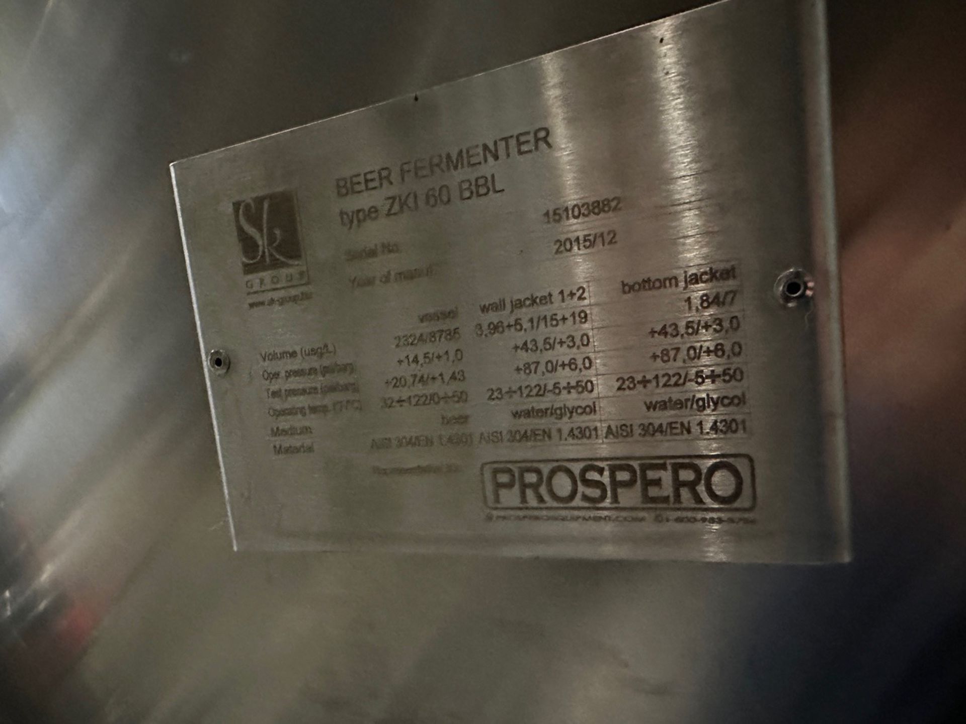 2015 Prospero SK 60 BBL Fermenter, Glycol Jacketed, Approx 7ft ID x 16ft OAH, S/N: 15103882 - Image 3 of 5