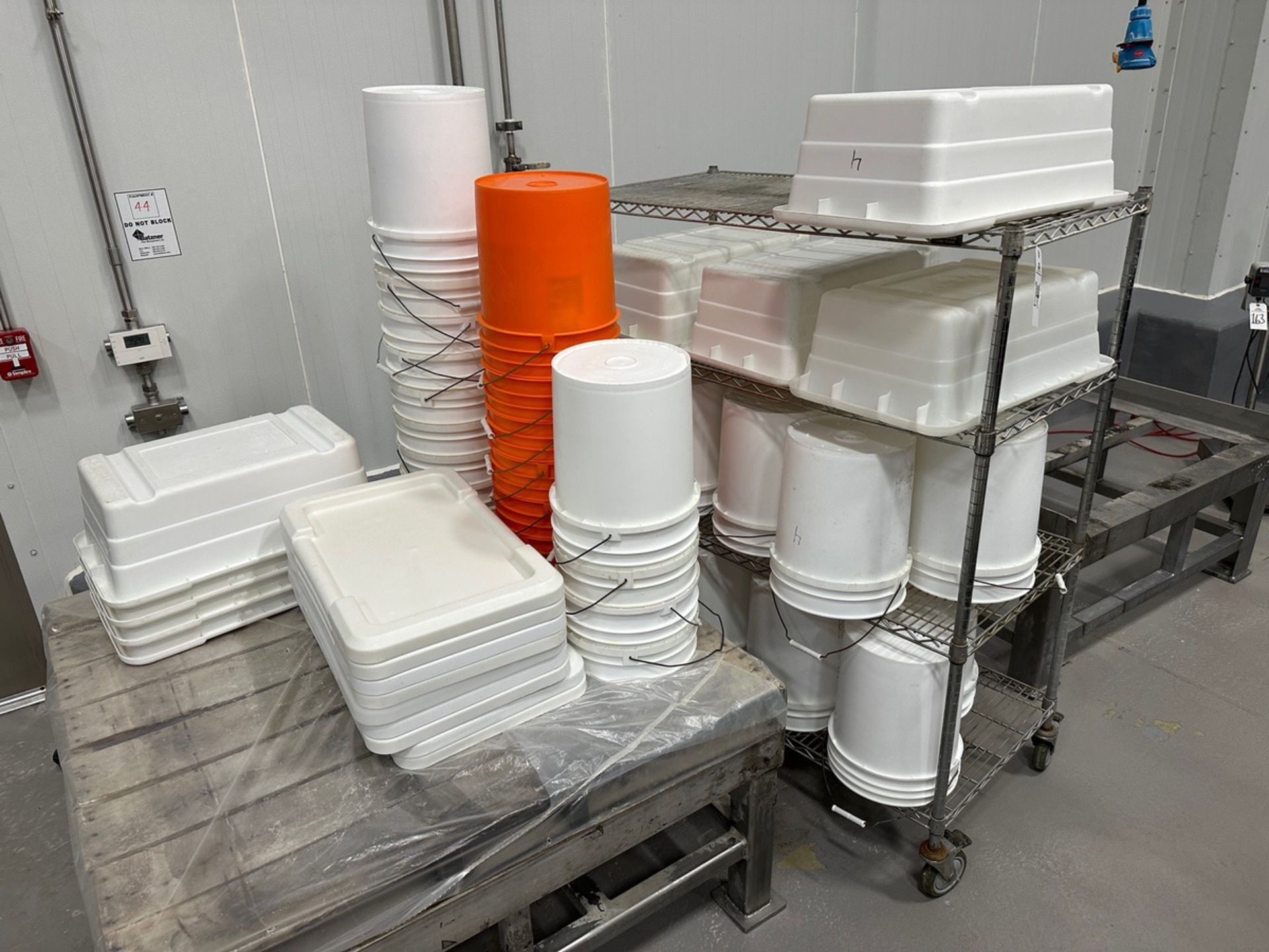 Lot of White Plastic Bins and Buckets with Carts | Rig Fee $75