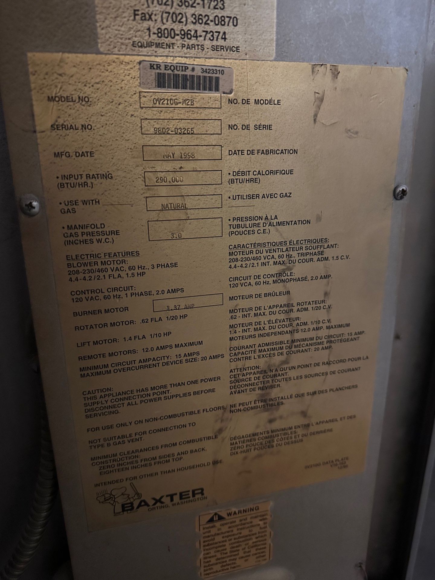 Baxter Rotating Rack Oven - Model OV210G-M2B, S/N 9802-03265 (Comes with PART# 33981, OVEN BELT 3x46 - Image 4 of 4