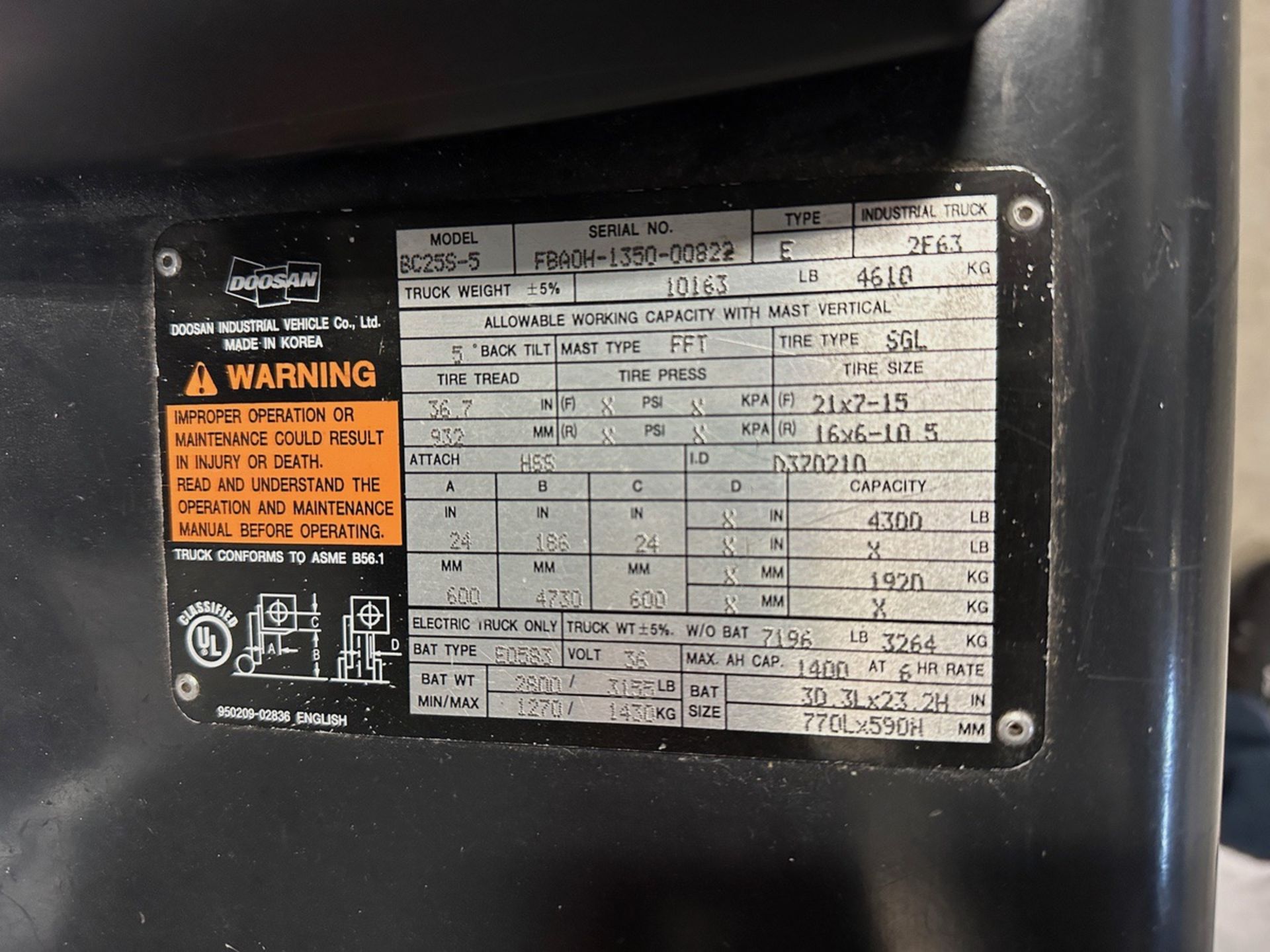 Doosan 36V Electric Sit Down Lift Truck - Model BC25S-5, S/N FBAOH-1350-00822 - Image 3 of 4