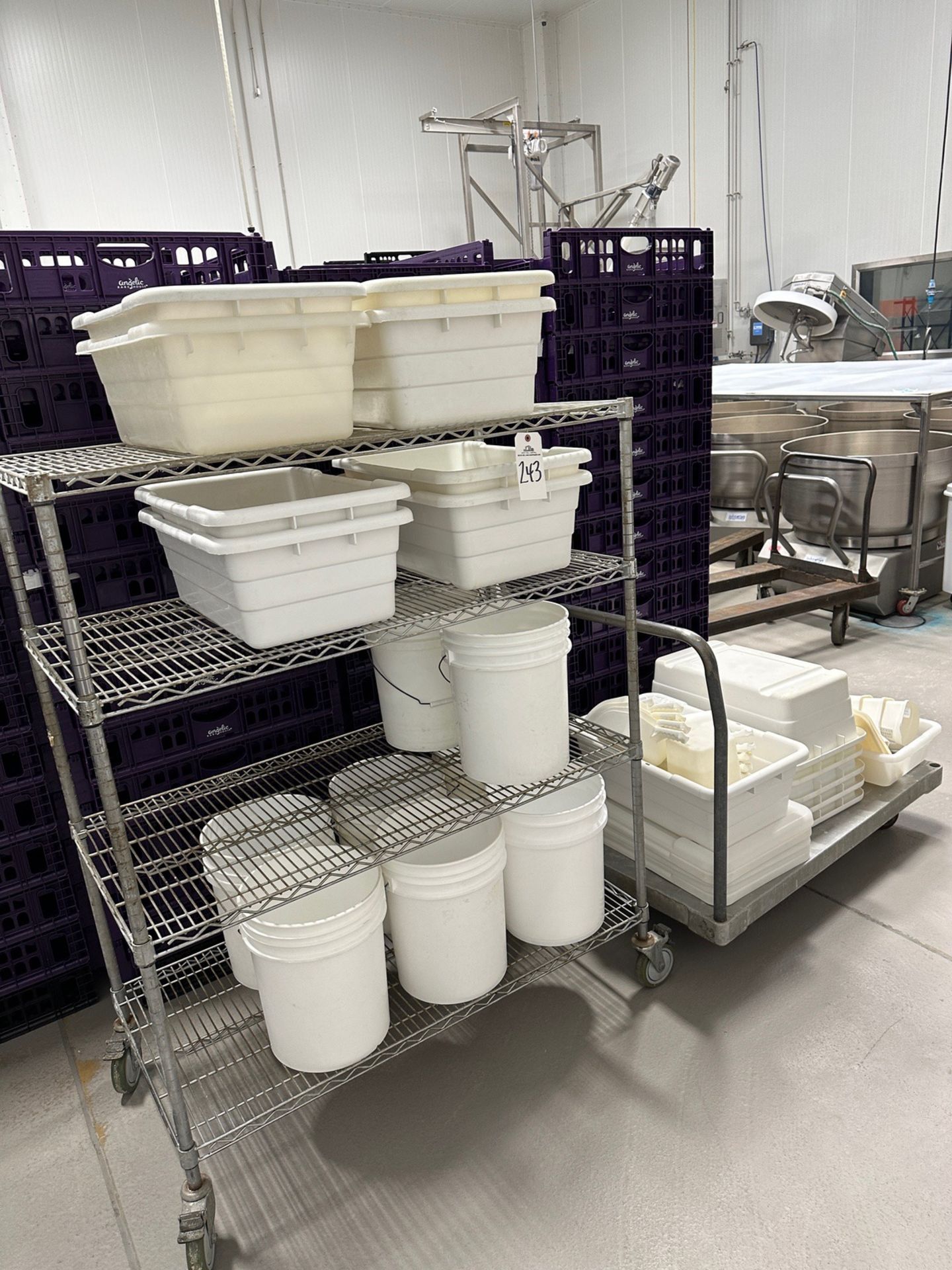 Lot of White Plastic Bins and Buckets with Carts